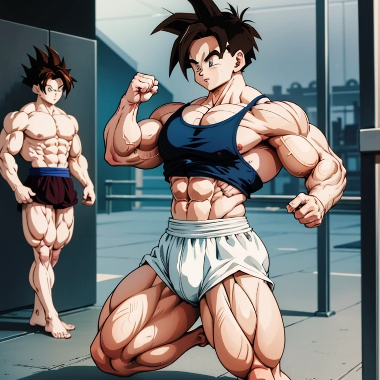 (Eine detaillierte Zeichnung von gohan , jung, bodybuilding gym.), shirtless, huge muscle Body, Big Bizeps, Big shoulders, muscukar legs,abs, barefoot, squats, Full body image 