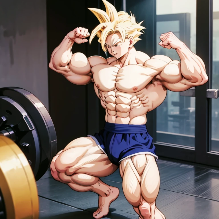 (Eine detaillierte Zeichnung von gohan , jung, bodybuilding gym.), shirtless, huge muscle Body, Big Bizeps, Big shoulders, muscukar legs,abs, barefoot, squats, Full body image 