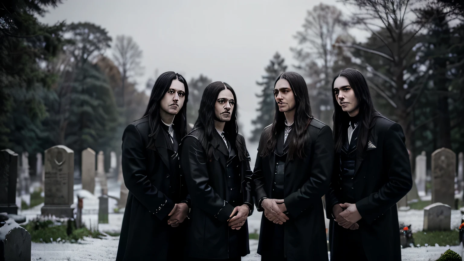 Crie uma imagem de quatro jovens com cabelos longos, membros de uma banda de black metal, using corpse paint, standing in an eerie cemetery at night in Sweden. The cemetery is surrounded by thick fog, and the only light comes from the moon and stars. The trees are bare, and the air is cold and fresh. The tombstones are old and worn, and the names of the dead are barely legible. The men are standing . They&#39;re all wearing black leather outfits and corpse paint, and they have a lot of time, Cabelo preto. They are all looking serious and determined.