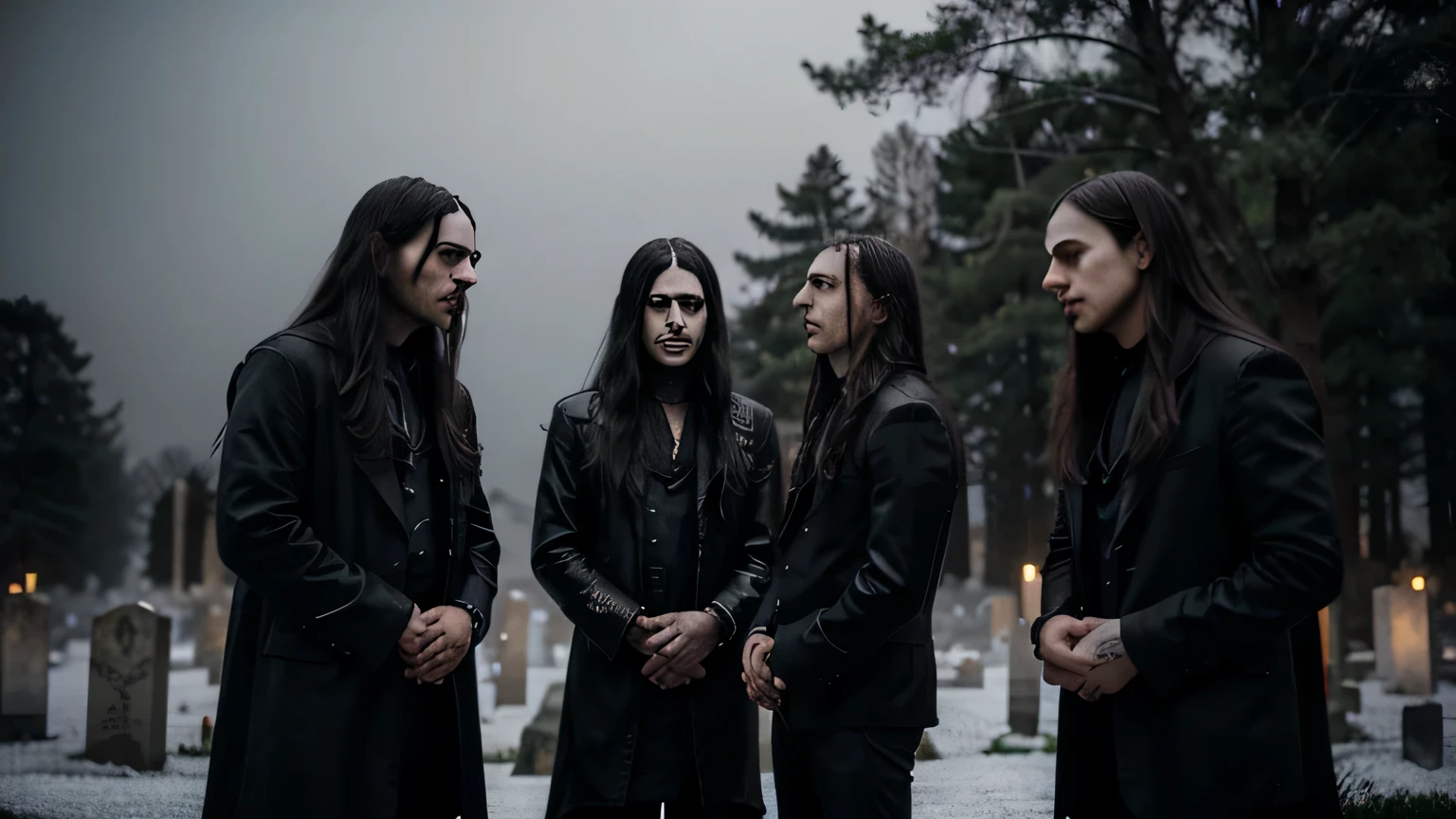 Crie uma imagem de quatro jovens com cabelos longos, membros de uma banda de black metal, using corpse paint, standing in an eerie cemetery at night in Sweden. The cemetery is surrounded by thick fog, and the only light comes from the moon and stars. The trees are bare, and the air is cold and fresh. The tombstones are old and worn, and the names of the dead are barely legible. The men are standing . They're all wearing black leather outfits and corpse paint, and they have a lot of time, Cabelo preto. They are all looking serious and determined.