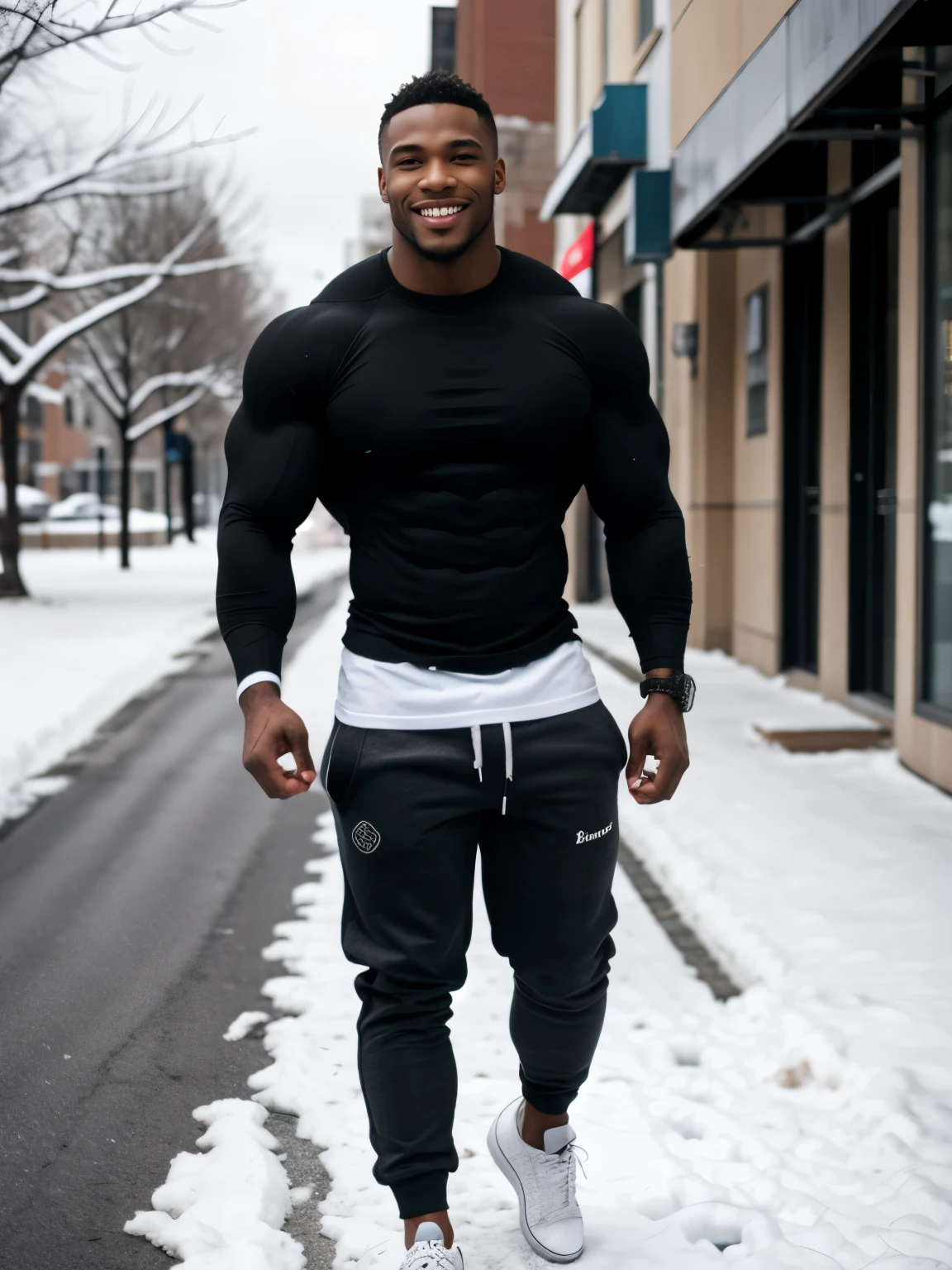  black, beautiful,fit black man, beautiful and perfect face, huge muscles, perfect smile , cold blouse, pants, sneakers, snow, street  