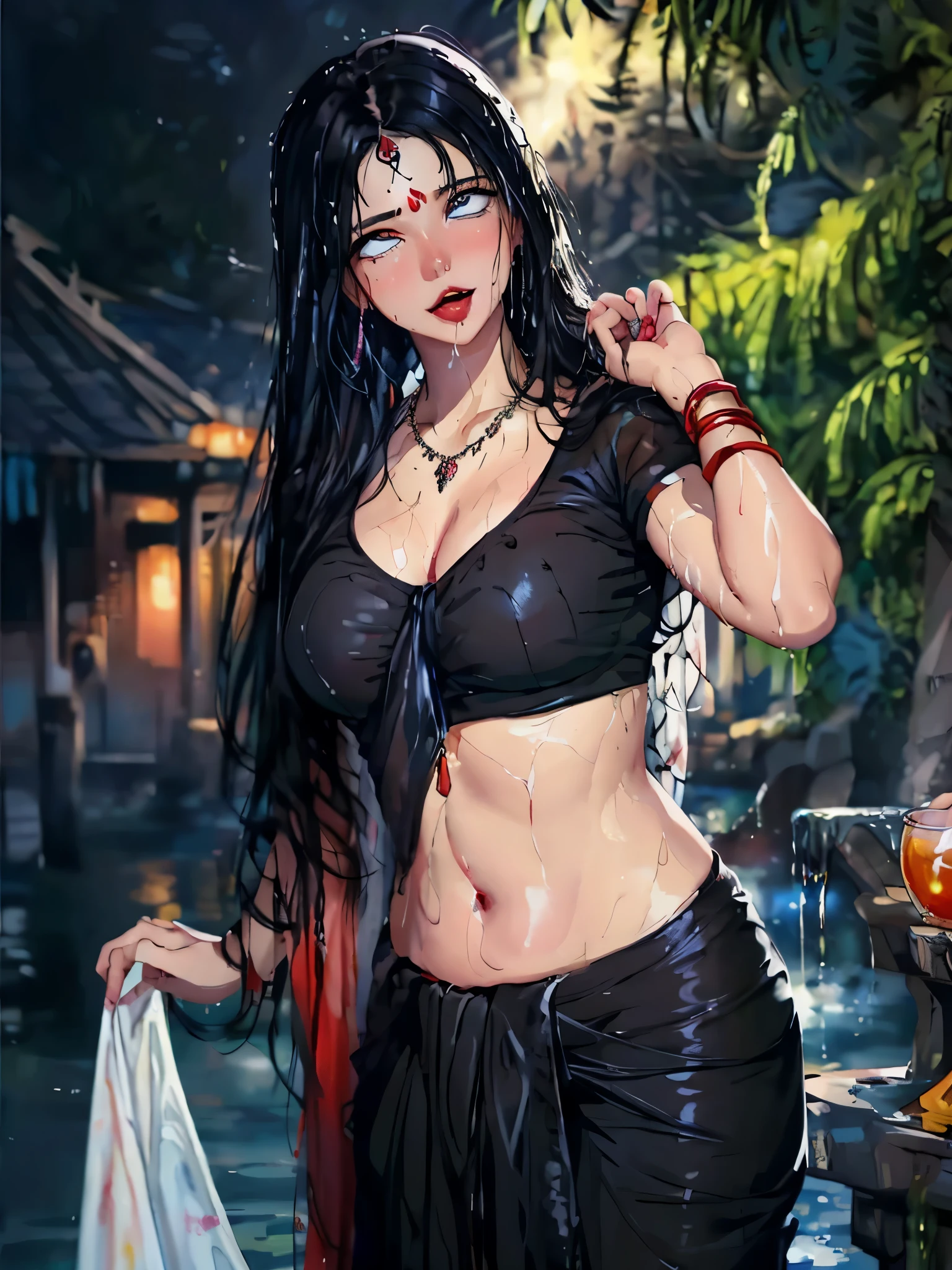 (Masterpiece))), ((Best Quality)), ((wearing black Saree)), ((transparent saree)), ((Raised Nipple)),((Intricate Details)), ((white skin)), ((fair skin)), (((Juice Wet)),((Semen))),(Beautiful and Delicate Eyes), (Illustration), (Silhouette) Absurd, ((Ultra-realistic Nose)),No Extra Hands, (Perfect Hands) , ((Oil Painting Style: 1.5)), Mature Woman, Mature Woman, Highly detailed, Illustration, 1 girl, ((medium breasts)), black hair, very long hair, long hair, red eyes, cleavage, (ahegao face), necklace, (wet clothes), wet woman, in leak, leak background, vilage in the mountains, (night), outdoor, detailed background, perfect eyes, seductive eyes, seductive smile, dynamic pose, (arms behind head), (looking at the audience)), from the front, ((red bindi)), ((red bindi between eyebrows)), (2d art), ((anime style art))