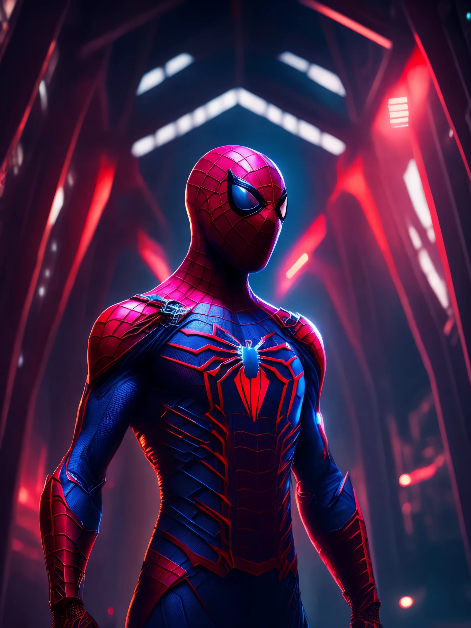 Grim portrait of Marvel&#39;s Bloody Spider-Man with intricate angular cybernetic implants inside a brutalist building., brutalist gothic cathedral, ciberpunk, foto premiada, bokeh, neon lights, cybernetic limb