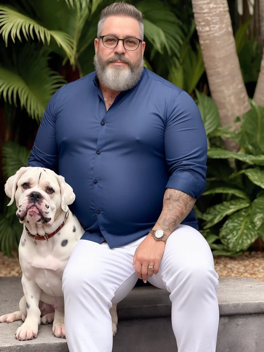 Veste roupas da moda, mesa,alta qualidade,altamente detalhado,cena intensa, solid, Gritty Reality Scenario for 42 Year Old Sexy Fat Bearded Man,cheio de suor,corpo todo,barriga grande, wearing prescription glasses, sorridente, Using tea, ((Vestindo blusa de passeio, uma bermuda branco)),rosto atordoado,Abra as pernas, Florida square environment luxurious outdoor place, He walks his English Cocker Spaniel or English Bulldog, Dalmatians, collie, Maltese, he affectionately holds the dog in his arm or holds him petting him on his lap.