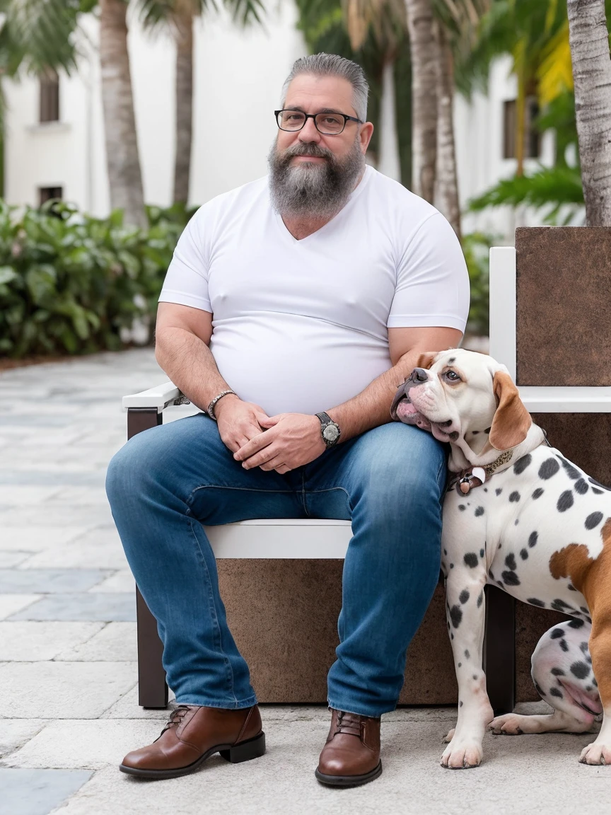 Veste roupas da moda, mesa,alta qualidade,altamente detalhado,cena intensa, solid, Gritty Reality Scenario for 42 Year Old Sexy Fat Bearded Man,cheio de suor,corpo todo,barriga grande, wearing prescription glasses, sorridente, Using tea, ((Vestindo blusa de passeio, uma bermuda branco)),rosto atordoado,Abra as pernas, Florida square environment luxurious outdoor place, He walks his English Cocker Spaniel or English Bulldog, Dalmatians, collie, Maltese, he affectionately holds the dog in his arm or holds him petting him on his lap.