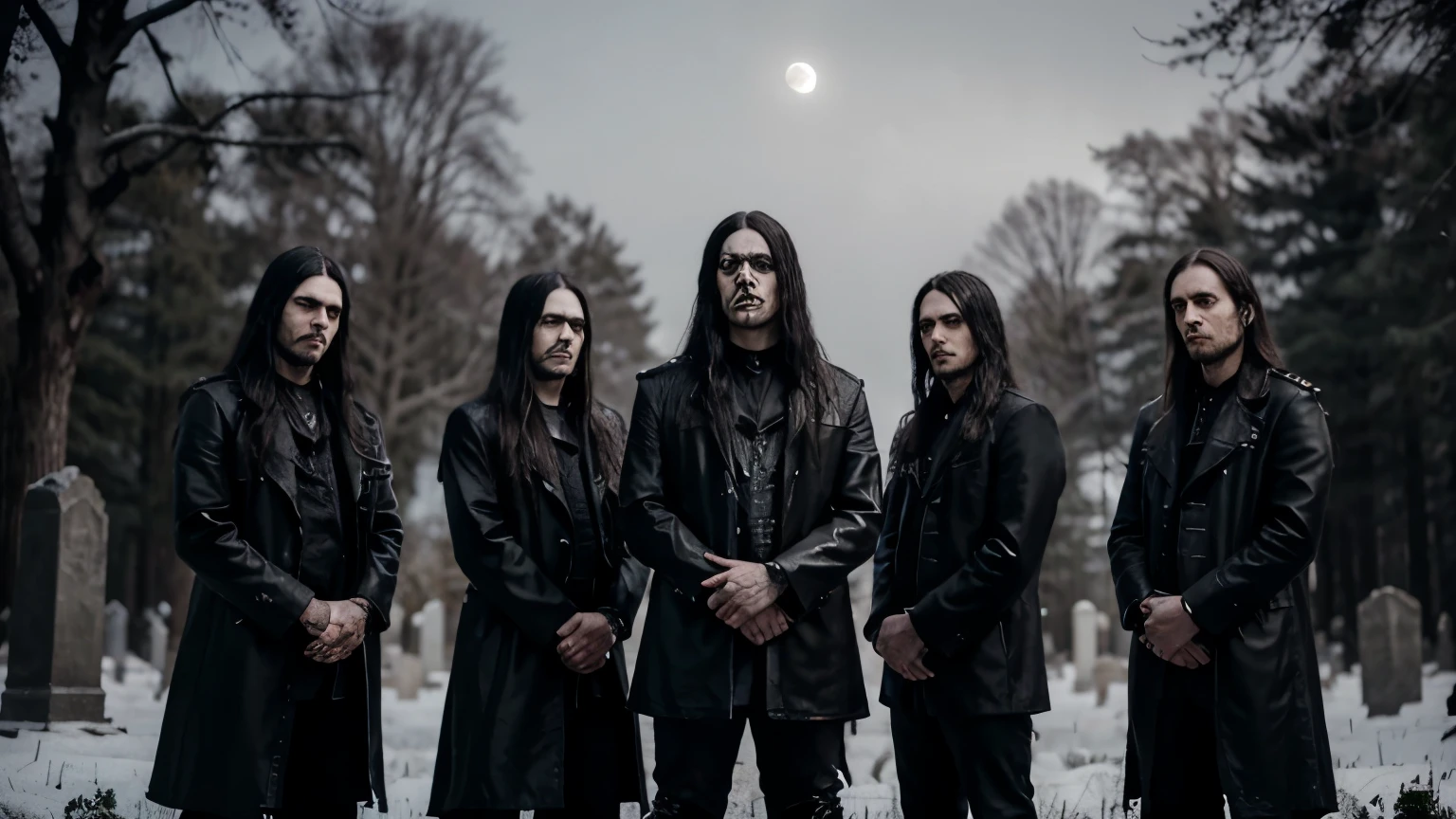 Create an image of four young men with long hair, members of a black metal band, wearing corpse paint, standing in a sinister cemetery at night in Sweden. The cemetery is surrounded by thick fog, and the only light comes from the moon and the stars. The trees are bare, and the air is cold and crisp. The tombstones are old and weathered, and the names of the dead are barely legible. The men are standing . They are all wearing black leather clothes and corpse paint, and they have long, black hair. They are all looking serious and determined.