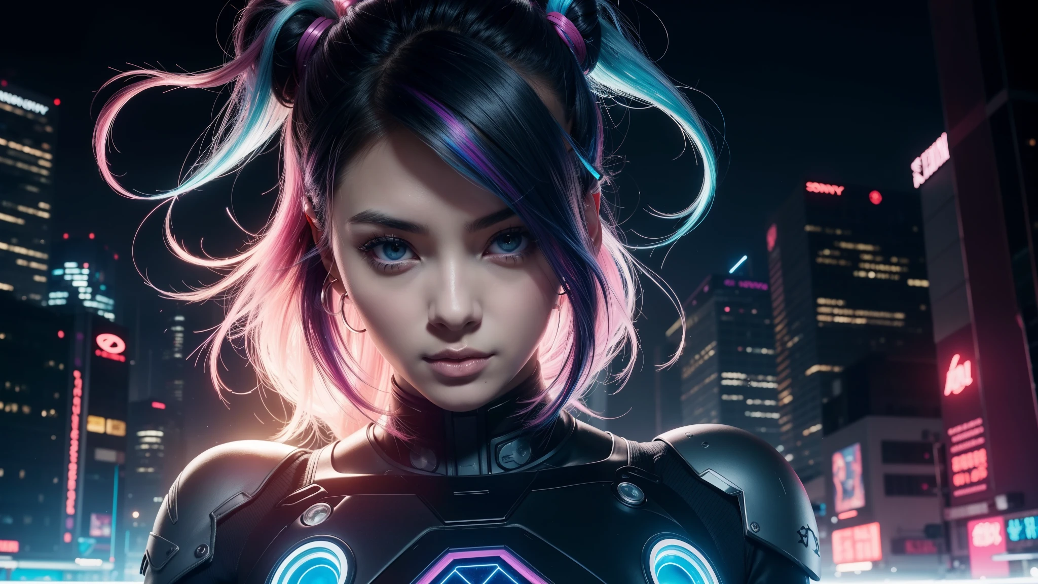 closeup, 1 girl, alone, [dark blue and pink hair: blue and pink hair:0.2], cyberpunk, high tech, V, mechanical parts, looking at audience, black eyes, long hair, luminous laser female super tech jumpsuit, cyberpunk mechanical body parts, with tattoos, interior, luminous laser earrings. high contrast, night, black, [freckles:0.9], reflective transparent rainbow, long hair, breasts, white skin most beautiful Korean woman's face, seductive expression, (relaxed pose: 1.5), eva, complex background, Sony a6300, extremely beautiful and gorgeous anime illustration, with cinematic perspective，(relaxed pose: 1. 5), eva, complex background, Sony a6300, extremely beautiful and gorgeous anime illustration with a cinematic perspective.