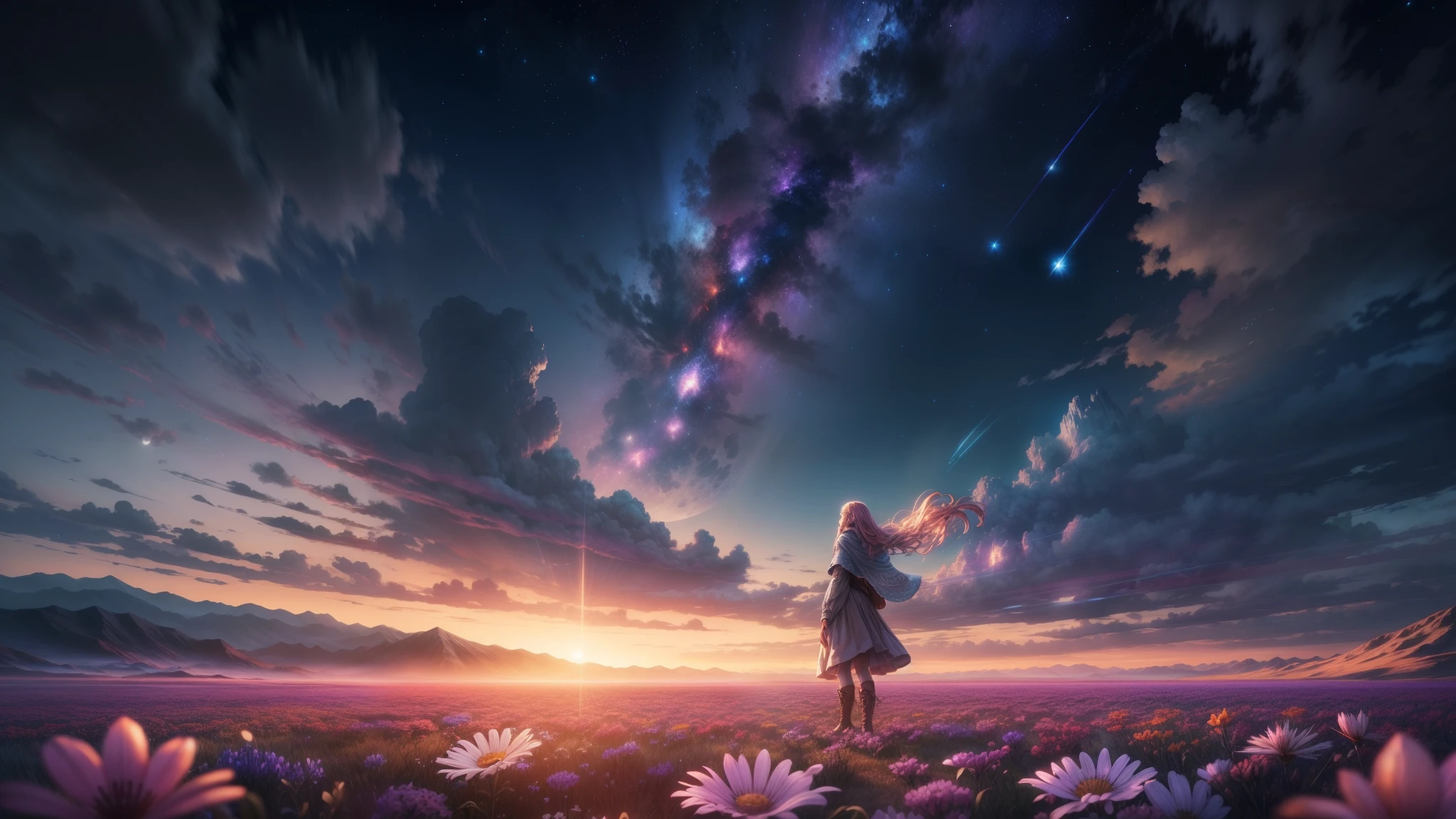 expansive landscape photograph , (a view from below that shows sky above and open field below), a girl standing on flower field looking up, (full moon:1.2), ( shooting stars:0.9), (nebula:1.3), distant mountain, tree BREAK
production art, (warm light source:1.2), (Firefly:1.2), lamp, lot of purple and orange, intricate details, volumetric lighting BREAK
(masterpiece:1.2), (best quality), 4k, ultra-detailed, (dynamic composition:1.4), highly detailed, colorful details,( iridescent colors:1.2), (glowing lighting, atmospheric lighting), dreamy, magical, (solo:1.2)