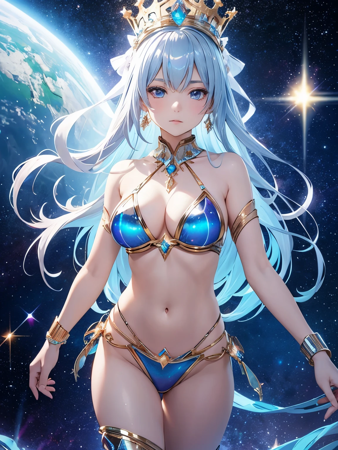 Envision an anime girl with sleek, silver-hued hair styled in celestial braids, embodying the regal essence of a cosmic monarch. Her bikini, a cosmic masterpiece, features a holographic silver base with intricate celestial patterns resembling galaxies and stars. Posing on a floating royal platform suspended in space, she stands with one hand gracefully raised. The bikini has holographic accents and metallic details resembling a cosmic crown, and her expression is one of serene authority, capturing the regal charm of the Galactic Monarch Cosmic Ruler.