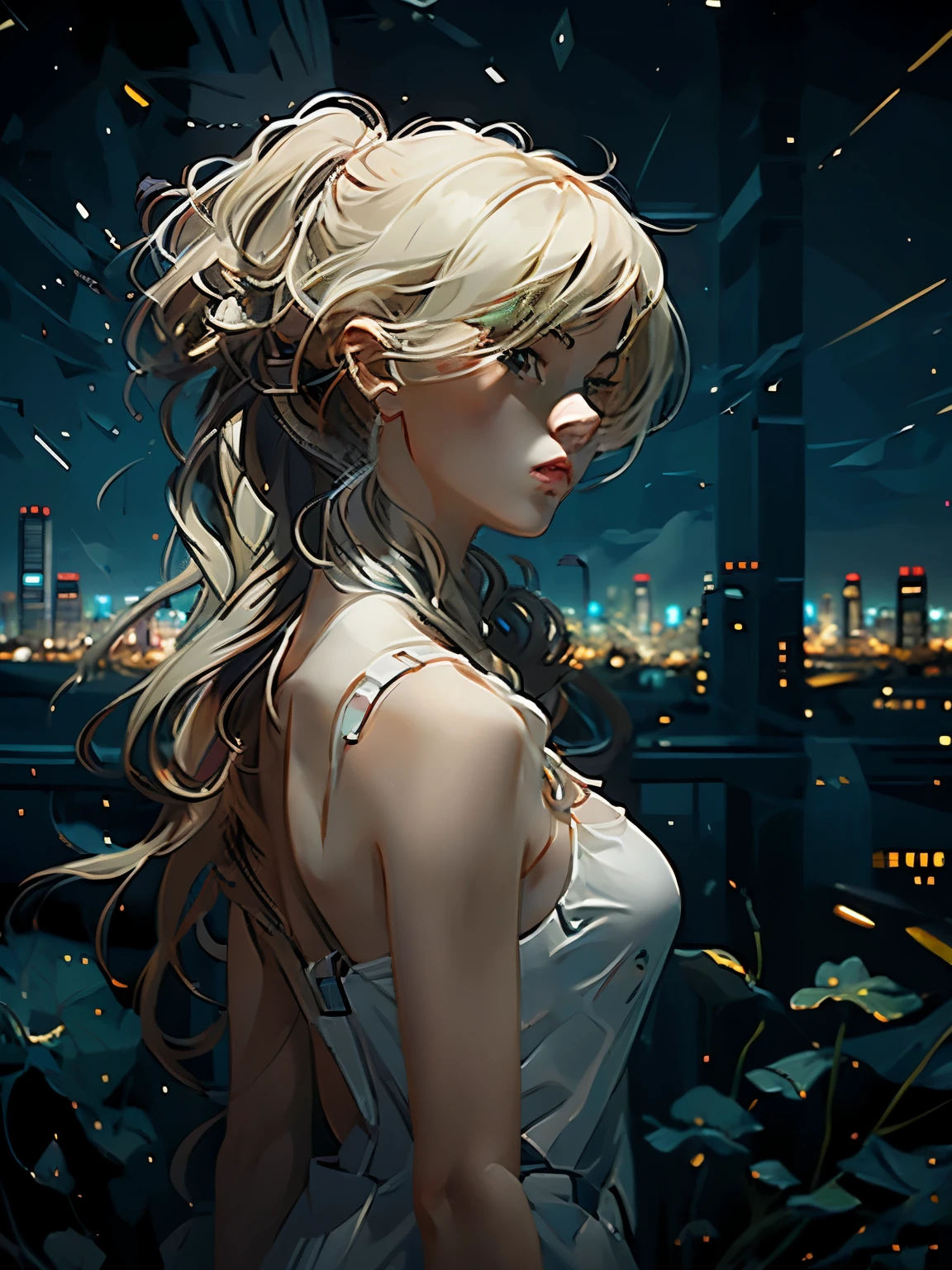 1girl, sit in rooftop,back view subject angle shot, hold katana,long full shot angle technique, cinematic wide photograph skyscrapers night view neon high quality ultra high definition cyberpunk, extreme detailed 
