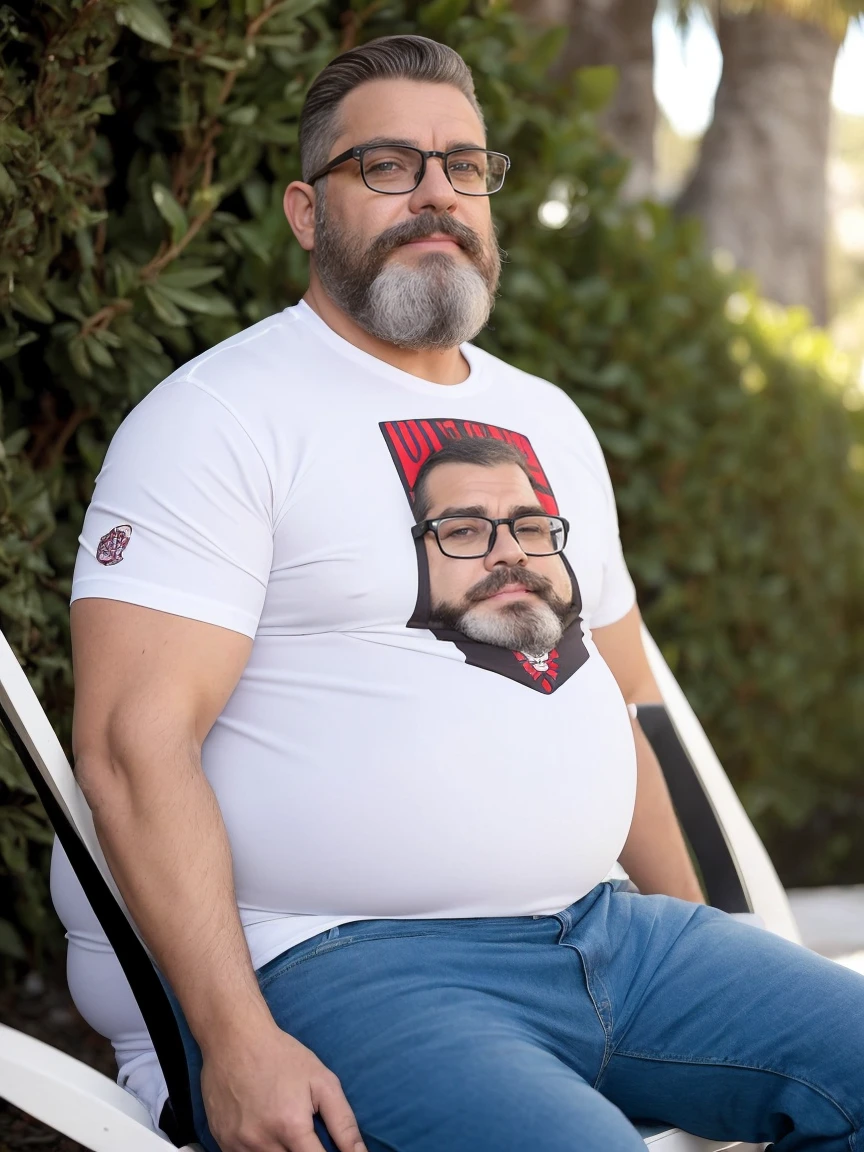 Veste roupas da moda, mesa,alta qualidade,altamente detalhado,cena intensa, solid, Gritty Reality Scenario for 42 Year Old Sexy Fat Bearded Man,cheio de suor,corpo todo,barriga grande, wearing prescription glasses or Sport glasses with red transfer lenses 60%, sorridente Gargalhando discretamente, Using tea, ((Vestindo blusa de passeio, uma bermuda branco)),rosto atordoado,Abra as pernas, Florida square environment luxurious outdoor place, He walks his English Cocker Spaniel or English Bulldog, Dalmatians, collie, Maltese, he affectionately holds the dog in his arm or holds him petting him on his lap.