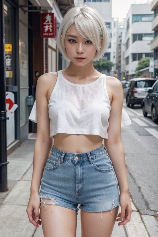 short white hair, beautiful asian anime lady, on the street wear sexy small jean short . and when take out white crop showing ., high quality, anatomically correct, textured skin, super detail