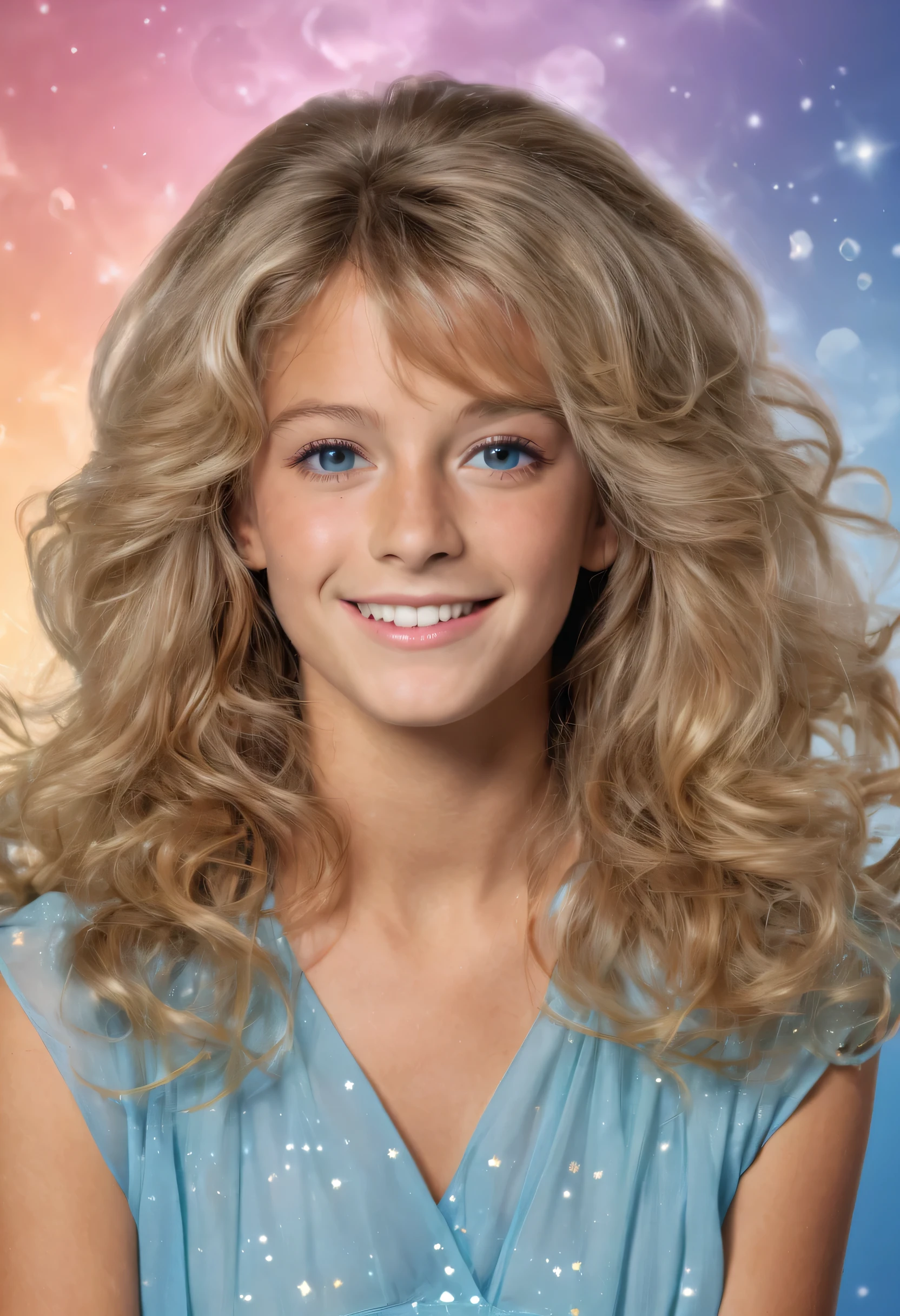 -yeld Fah Fawcett posing for her school picture - Sparkling, Sky blue Background, professional quality studio 8x10 UHD Digital photograph by Scott Kendall - multicolored spotlight, Photorealistic, realistic stock photo, Professional quality Photograph. colored Fog - Multicolored lightning, 3D bubbles, hearts, stars, clovers