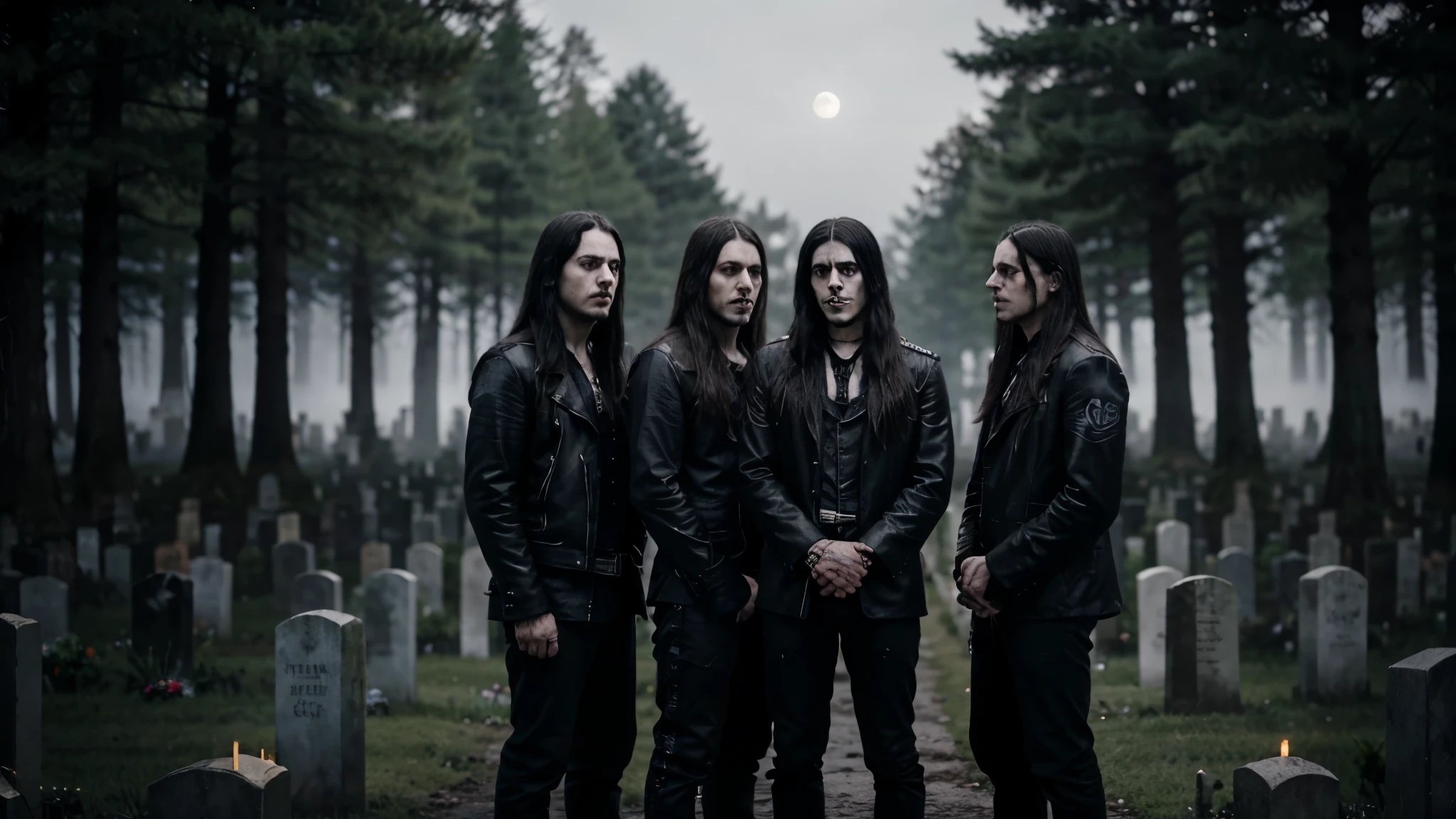 Create an image of four young men with long hair, members of a black metal band, wearing corpse paint, standing in a sinister cemetery at night in Sweden. The cemetery is surrounded by thick fog, and the only light comes from the moon and the stars. The trees are bare, and the air is cold and crisp. The tombstones are old and weathered, and the names of the dead are barely legible. The men are standing. They are all wearing black leather clothes and corpse paint on their faces, and they have long, black hair. They are all looking serious and determined.