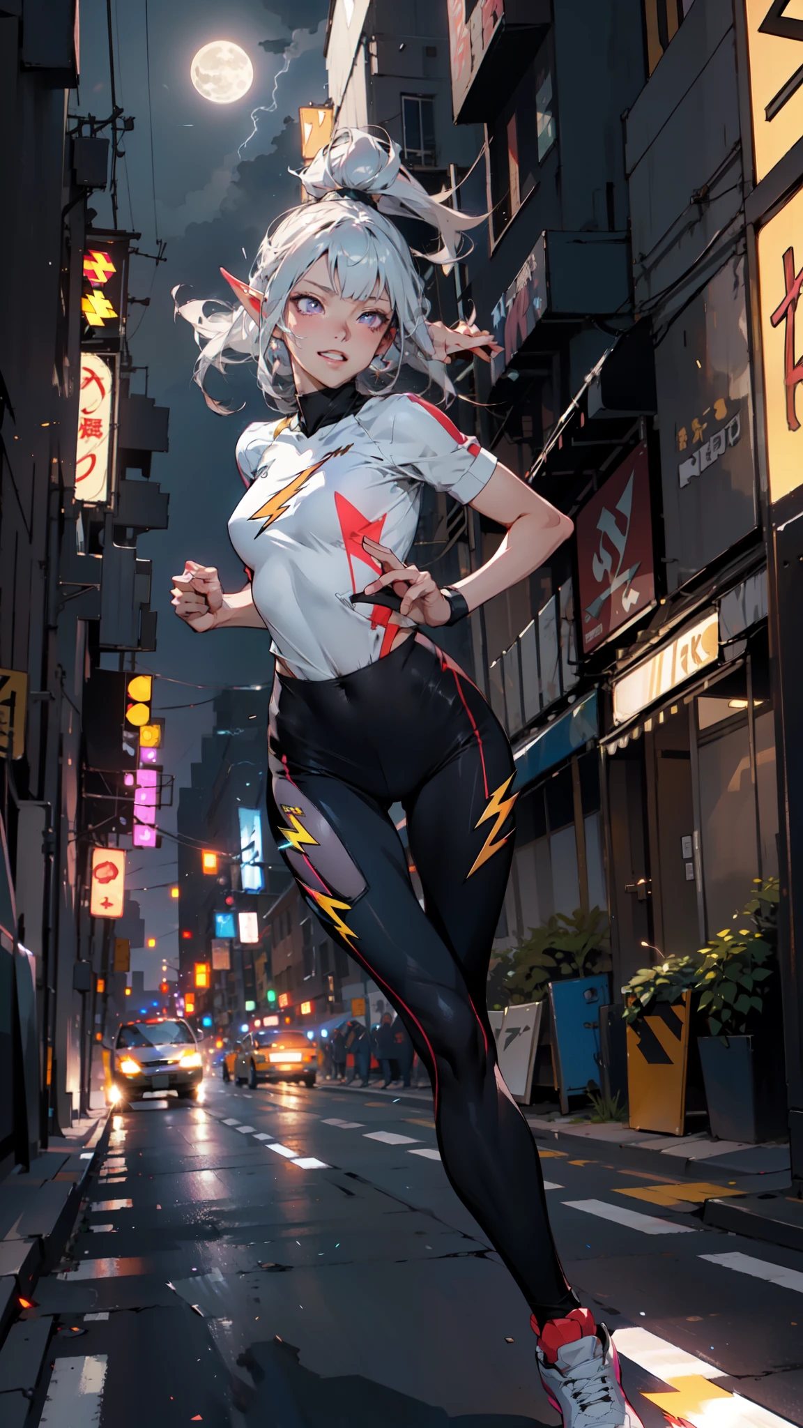 ((masterpiece)), (top quality), (best quality), ((ultra-detailed, 8k quality)), Aesthetics, Cinematic lighting, (detailed line art), absurdres, (best composition), (high-resolution), (Ray tracing),
BREAK,
A very cute of ((dark elf girl)), (White and lemon yellow lined Jersey), sports leggings, sneakers, she ((sprints)), ((running)), lighting, light trails, (motion blur), ((low-angle shot following athletes' movements)), ((atmospheric perspective )), cinematic dramatic atmosphere, big city roads, ((City of night)), ((night)), (full moon: 1.2), super speed, speed that leaves an afterimage, sprinter, speedster, lightning motif, a burst of electricity, (lightning symbol mark), Laser beam, Remaining shadow, neon line, hyperspeed, flash, lightning bolt, thunderbolt,
BREAK,
highly detailed of (dark elf), (1girl), solo, perfect face, details eye, ahoge, French braids, long sideburns, ponytail, (white shining hair), (hime cut bangs), medium hair, (violet eyes), shining eyes, (beautiful detailed eyelashes, eyeshadow, pink eyeshadow), grin and laugh, Concept art by Mikimoto Haruhiko, by Kawacy, By Yoshitaka Amano,
BREAK,
((perfect anatomy)), perfect body, Abs, (medium breast), perfect hands, perfect face, beautiful face, beautiful eyes, perfect eyes, (perfect fingers, deatailed fingers), correct anatomy, perfect legs, ((dark skin:1.2))