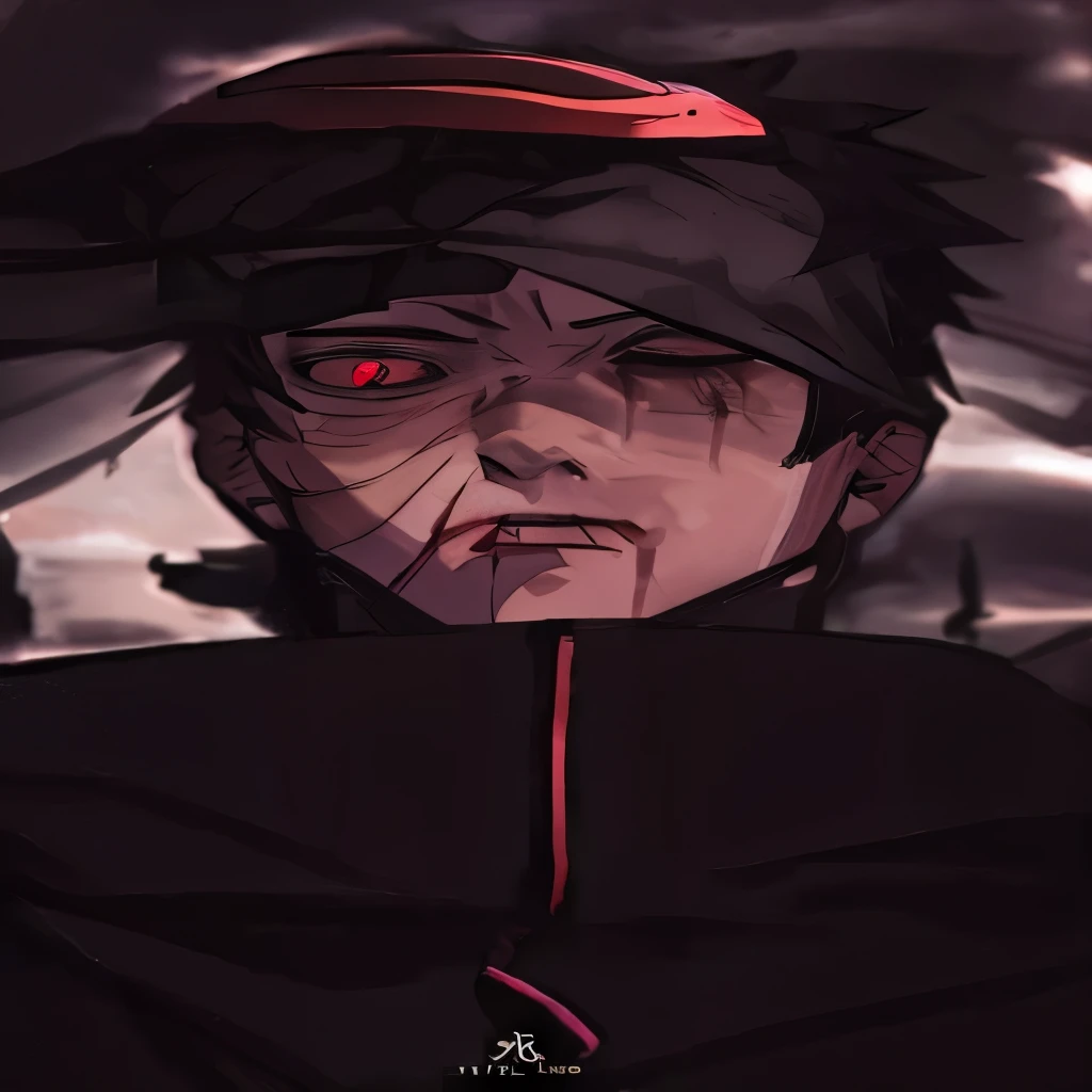 a drawing of a man with red eyes and a black jacket, with red glowing eyes, joker as naruto, shinobi