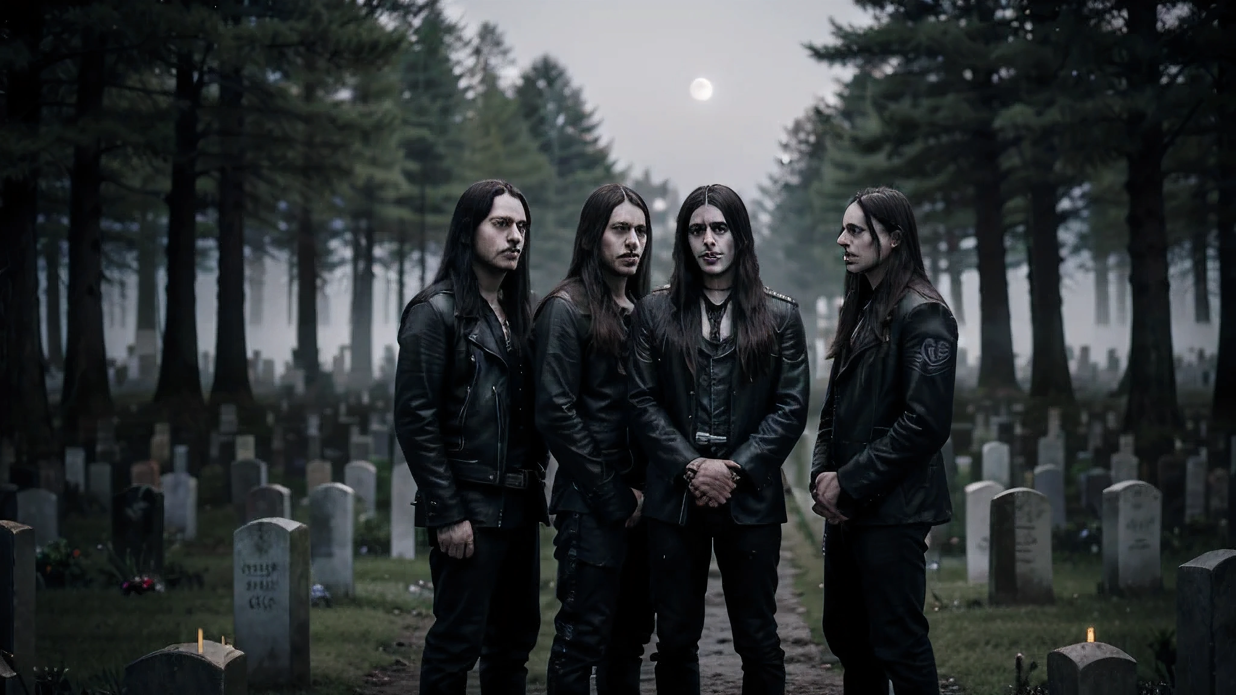 Crie uma imagem de quatro jovens com cabelos longos, membros de uma banda de black metal, using corpse paint, standing in an eerie cemetery at night in Sweden. The cemetery is surrounded by thick fog, and the only light comes from the moon and stars. The trees are bare, and the air is cold and fresh. The tombstones are old and worn, and the names of the dead are barely legible. The men are standing. They're all wearing black leather outfits and corpse paint on their faces., and they have a lot of time, Cabelo preto. They are all looking serious and determined.