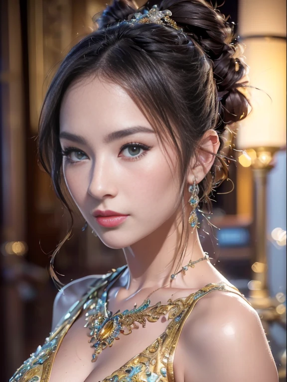 (8K、Raw photography、Raw photography:1.2)、(Photorealistic:1.6)、(masterpiece:1.3)、(top-quality:1.4)、hight resolution、nffsw、8K resolution、Check Explanation、(intricate-detail:1.6)、(Volumetric Lights)、
1Man Woman、((Long))、((bun, ponytail hair))、((Blue Eyes))、(Beautiful and beautiful woman)、looking at the viewers、(Woman in sexy pose)、((Party Venue))、 ((In fashionable dresses))
(beautiful face:1.9)、(详细的脸:1.6)、(More Bright Eyes:1.5)、(Eye lashes:1.4)、(A smile)、(Details hair)、(A cup with firmness)、(Toned waist)、(Realistic human skin:1.6)、((FULL BODYSHOT))、SMALL BREAST
(a necklace)、(耳Nipple Ring)、(A bracelet)