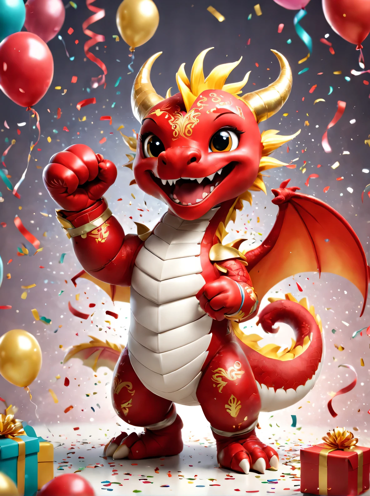 Boxing Dragon presents delightful and whimsical scenes, Anthropomorphic in a chibi style, take center stage. This adorable creature is dressed in bright red, Kaneko, and white, Symbol of joy, luck, and purity. Its round, The chubby body and oversized head make it look irresistibly cute, And its little fists are wrapped in boxing gloves. The dragon&#39;s face is decorated with playful expressions, Keep your eyes open, red face, and naughty smile. The air is filled with confetti and streamers, adding to the festive ambiance, When the dragon strikes a dynamic pose, Prepare to punch. Despite being petite, Dragon exudes confidence and determination, Show the indomitable spirit of a champion. The delightful fusion of boxing and mythical creatures embodies joyful celebrations, Capturing the essence of fun, Excited, Integrate harmoniously with cuteness.