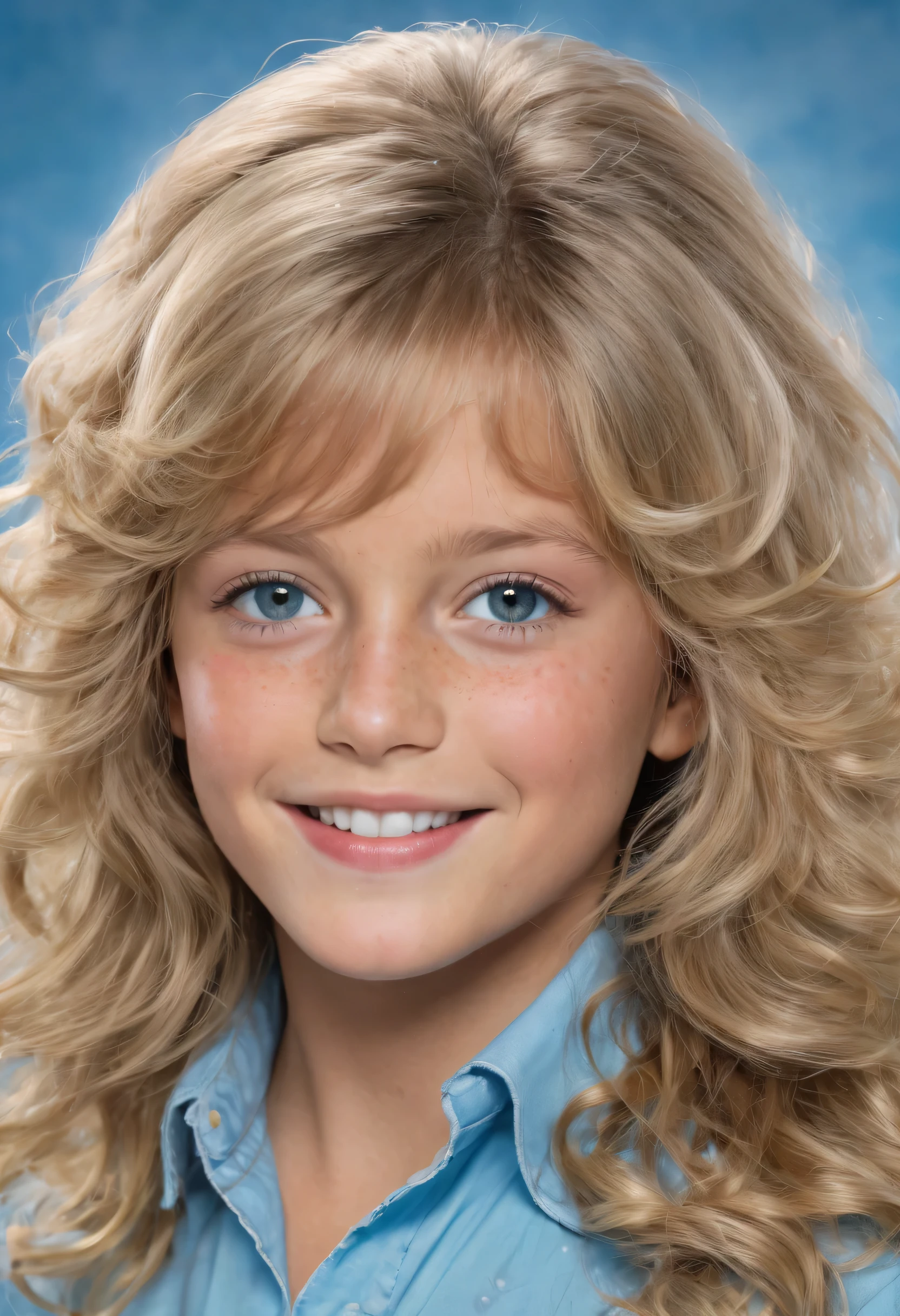 -yeld Fah Fawcett posing for her school picture - Sparkling, Sky blue Background, professional quality studio 8x10 UHD Digital photograph by Scott Kendall - multicolored spotlight, Photorealistic, realistic stock photo, Professional quality Photograph. colored Fog - Multicolored lightning, 3D bubbles, hearts, stars, clovers