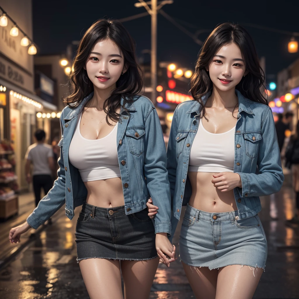 (8k, best quality, masterpiece:1,2), (realistic, photo-realistic:1,37), top quality, masterpiece, a beautiful woman, wearing a shirt for women crop v neck top white t-shirt korean fashion women t with a tight open gray color jacket, beautiful and toned body, cleavage, floral mini skirt, walking in the suburbs, slightly drizzling night background, in shops with Korean-style shop lights, night atmosphere, slightly wet asphalt, seductive smiles with dimples,