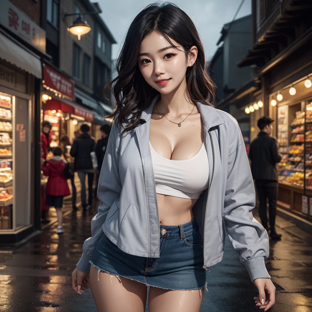 (8k, best quality, masterpiece:1,2), (realistic, photo-realistic:1,37), top quality, masterpiece, a beautiful woman, wearing a shirt for women crop v neck top white t-shirt korean fashion women t with a tight open gray color jacket, beautiful and toned body, cleavage, floral mini skirt, walking in the suburbs, slightly drizzling night background, in shops with Korean-style shop lights, night atmosphere, slightly wet asphalt, seductive smiles with dimples,