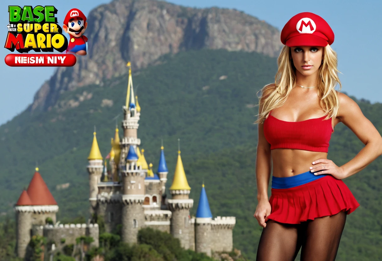 (Britney Spears:0.9) ((ohwx woman)) as super Mario, red hat, (tight cropped top) and (tight tniy microskirt), (black pantyhose)1.4, (huge natural breasts)1.3, fantasy, highly detailed, photo by Tony Sart randy vargas, (solo)1.5, (Castle background), Extremely high-resolution details, photographic, incredibly lifelike, (detailed face and eyes), (sharp focus)1.4