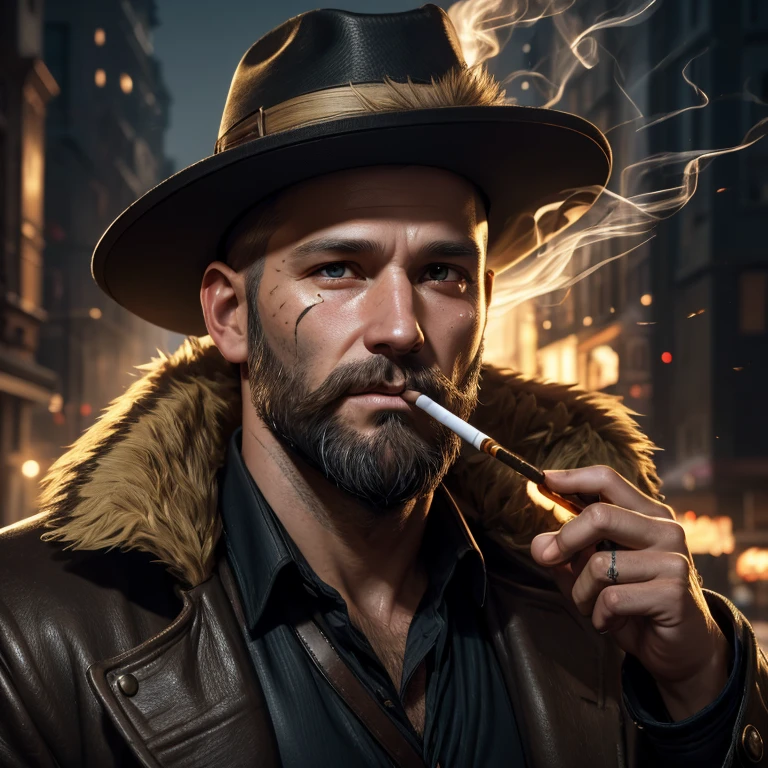 best quality, highres, ultra-detailed, realistic, investigator RPG, character design, 37-year-old man, unshaven beard, a burn mark on the right side of the face, smoking a cigarette, wearing an overcoat and a hat, with blond hair