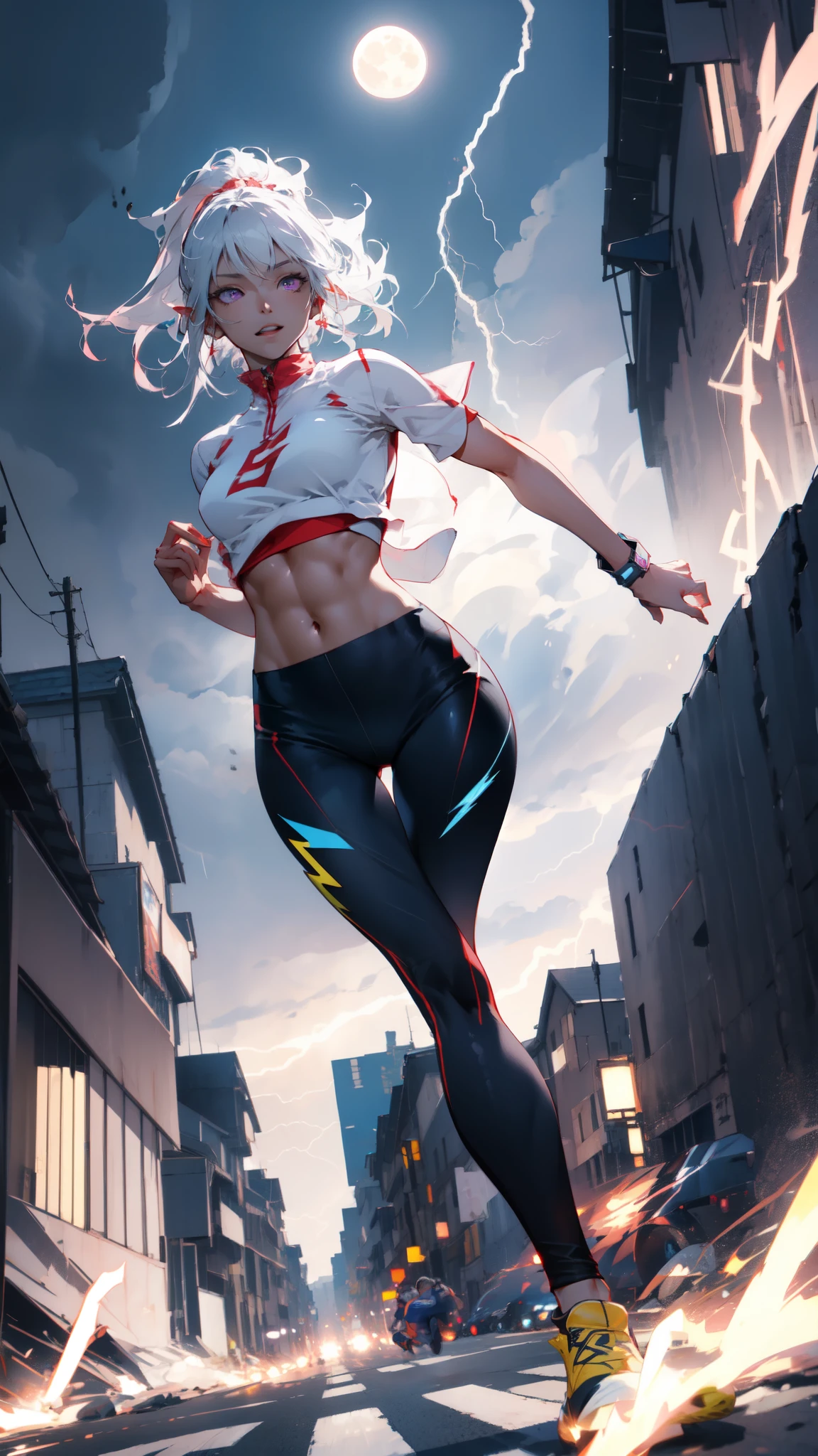 ((masterpiece)), (top quality), (best quality), ((ultra-detailed, 8k quality)), Aesthetics, Cinematic lighting, (detailed line art), absurdres, (best composition), (high-resolution), (Ray tracing), 
BREAK,
A very cute of ((dark elf girl)), (White and lemon yellow lined Jersey), sports leggings, sneakers, she ((sprints)), ((running)), lighting, light trails, (motion blur), lightning motif, lightning, a burst of electricity, she sprints, super speed, speed that leaves an afterimage, sprinter, speedster, ((low-angle shot following she' movements)), ((atmospheric perspective )), cinematic dramatic atmosphere, big city roads, ((City of night)), ((night)), (full moon: 1.2),  
BREAK,
highly detailed of (dark elf), (1girl), solo, perfect face, details eye, ahoge, French braids, long sideburns, ponytail, (white shining hair), (hime cut bangs), medium hair, (violet eyes), shining eyes, (beautiful detailed eyelashes, eyeshadow, pink eyeshadow), grin and laugh, Concept art by Mikimoto Haruhiko, by Kawacy, By Yoshitaka Amano,
BREAK, 
((perfect anatomy)), perfect body, Abs, (medium breast), perfect hands, perfect face, beautiful face, beautiful eyes, perfect eyes, (perfect fingers, deatailed fingers), correct anatomy, perfect legs, ((dark skin:1.2))