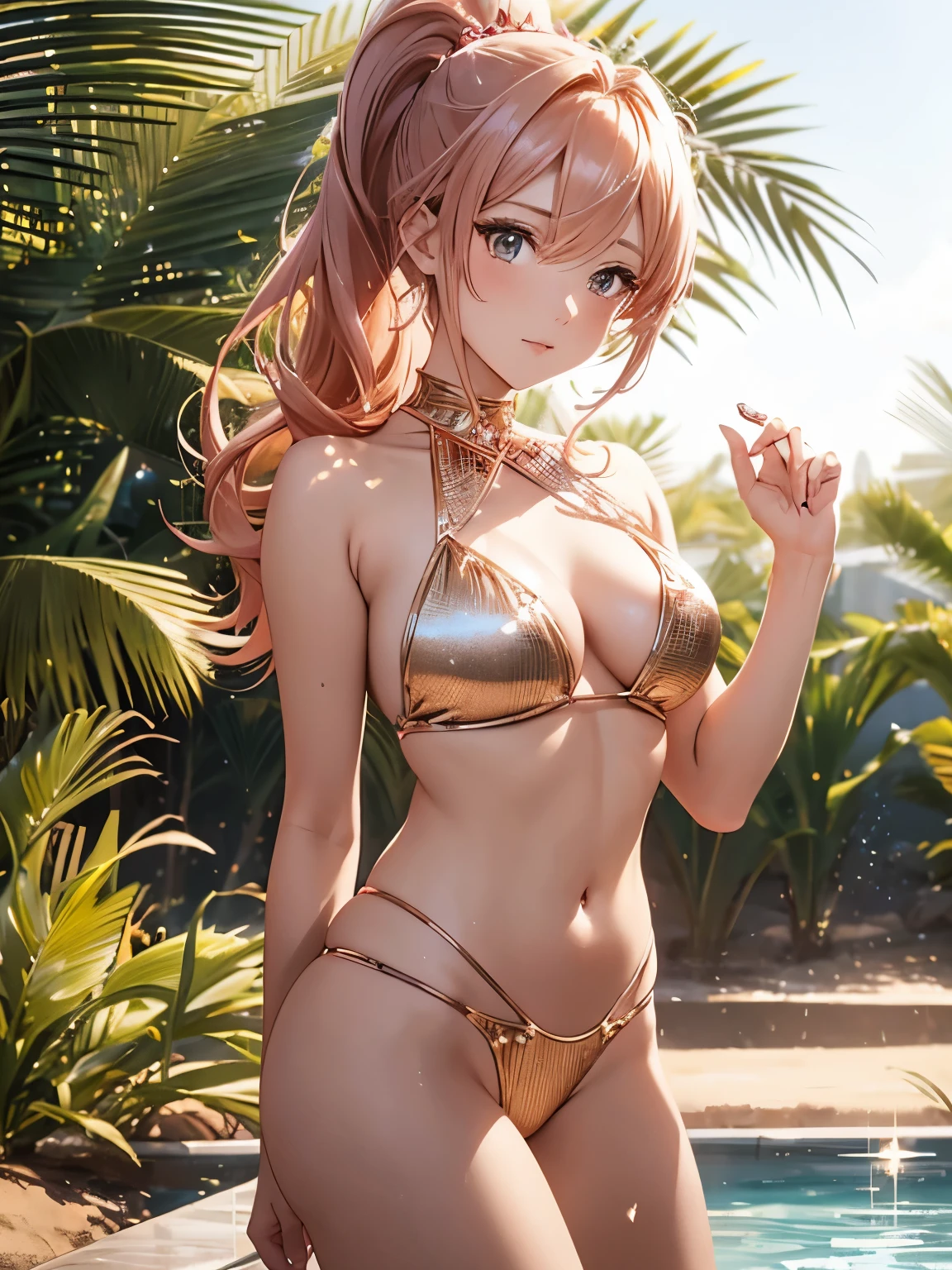 Picture an anime girl with rose-gold hair styled in a sleek high ponytail, embodying the luminosity of diamonds. Her bikini, a sparkling creation, features a rose-gold base adorned with diamond-like shimmer. Posing in a desert oasis with golden sand dunes, she stands with a reflective pool in the backdrop. The bikini has intricate diamond-shaped patterns and metallic lace trims, and her expression is one of radiant enchantment, capturing the allure of the Diamond Shimmer Mirage.