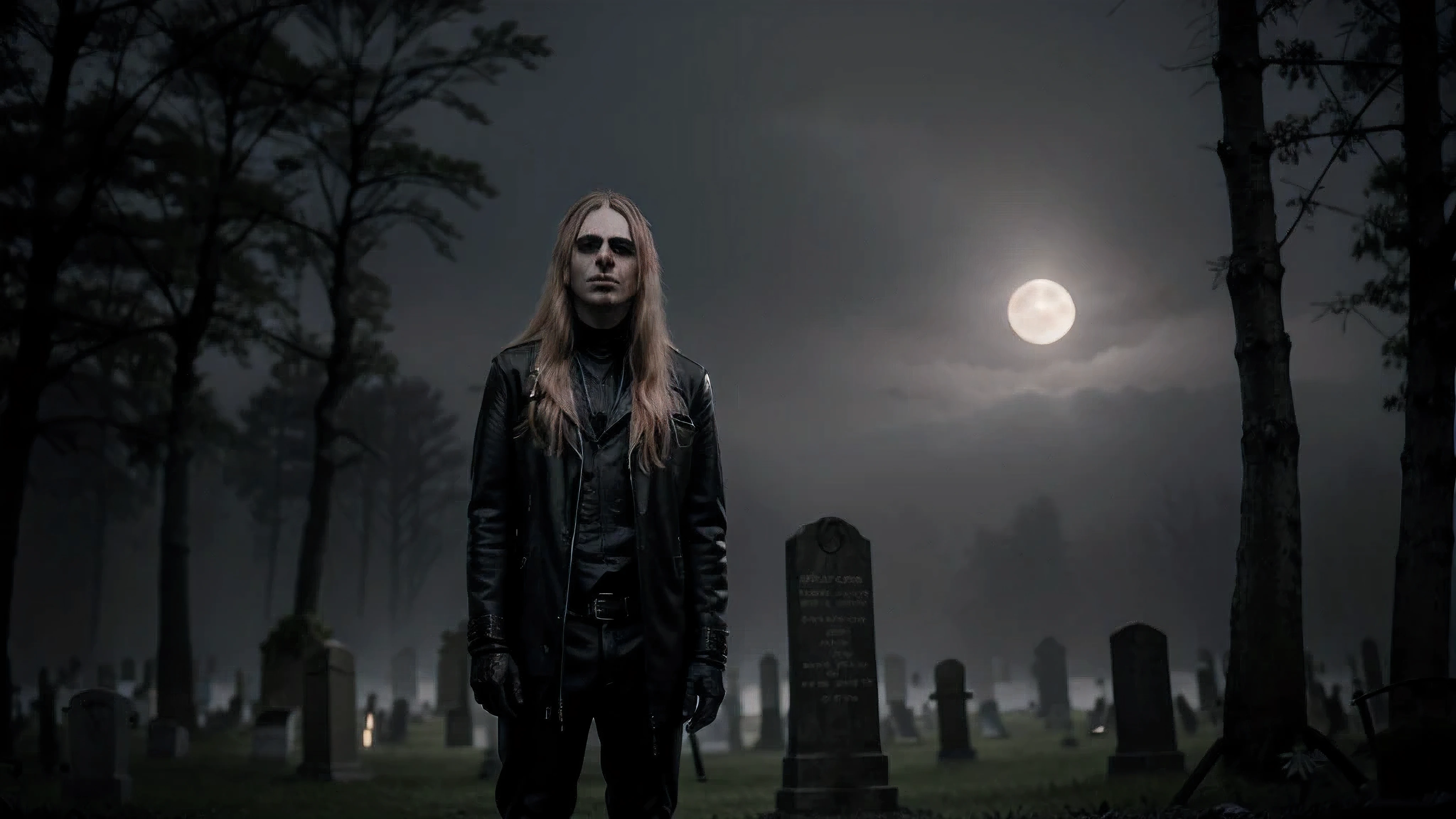 Crie a imagem de um jovem com longos cabelos loiros, membro de uma banda de black metal, wearing corpse paint on your face, standing in an eerie cemetery at night in Sweden. The cemetery is surrounded by thick fog, and the only light comes from the moon and stars. The trees are bare, and the air is cold and fresh. The tombstones are old and worn, and the names of the dead are barely legible. he is all wearing black leather clothes.