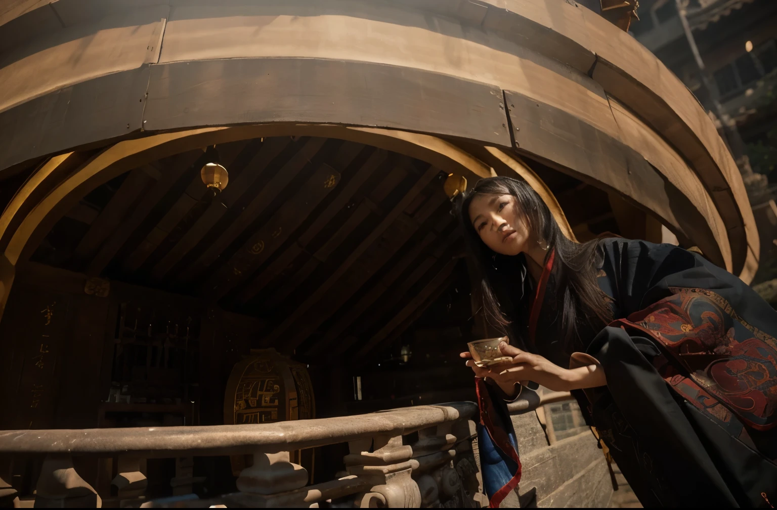 (Best quality, 8k, 32k, Masterpiece, UHD:1.2) "Transport the viewer to the heart of Ancient China, where rich history and cultural splendor unfold. Envelop the scene in an atmosphere of oriental elegance, featuring traditional architecture, intricate pagodas, and serene landscapes. Infuse the setting with vibrant colors inspired by traditional Chinese art, accentuating the beauty of ornate details and symbolic elements. Employ dynamic cinematic lighting to create a visually striking composition, playing with shadows and highlights to enhance the depth and drama of the scene. Illuminate the surroundings with warm hues reminiscent of a setting sun or the soft glow of lanterns. Ensure that the ambiance reflects the timeless charm and mystique of Ancient China, inviting viewers to immerse themselves in a captivating journey through history." Fish Eye Lens, warp area