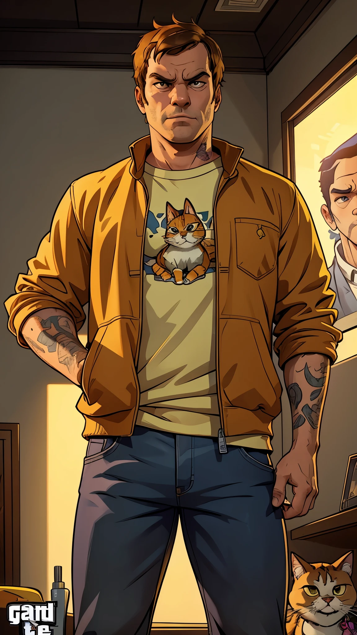 create a gta 5 loading screen artwork of Garfield The Cat if he was the main character of GTA V. take reference from all GTA artwork. Make it detailed and dramatic with studio lighting.
