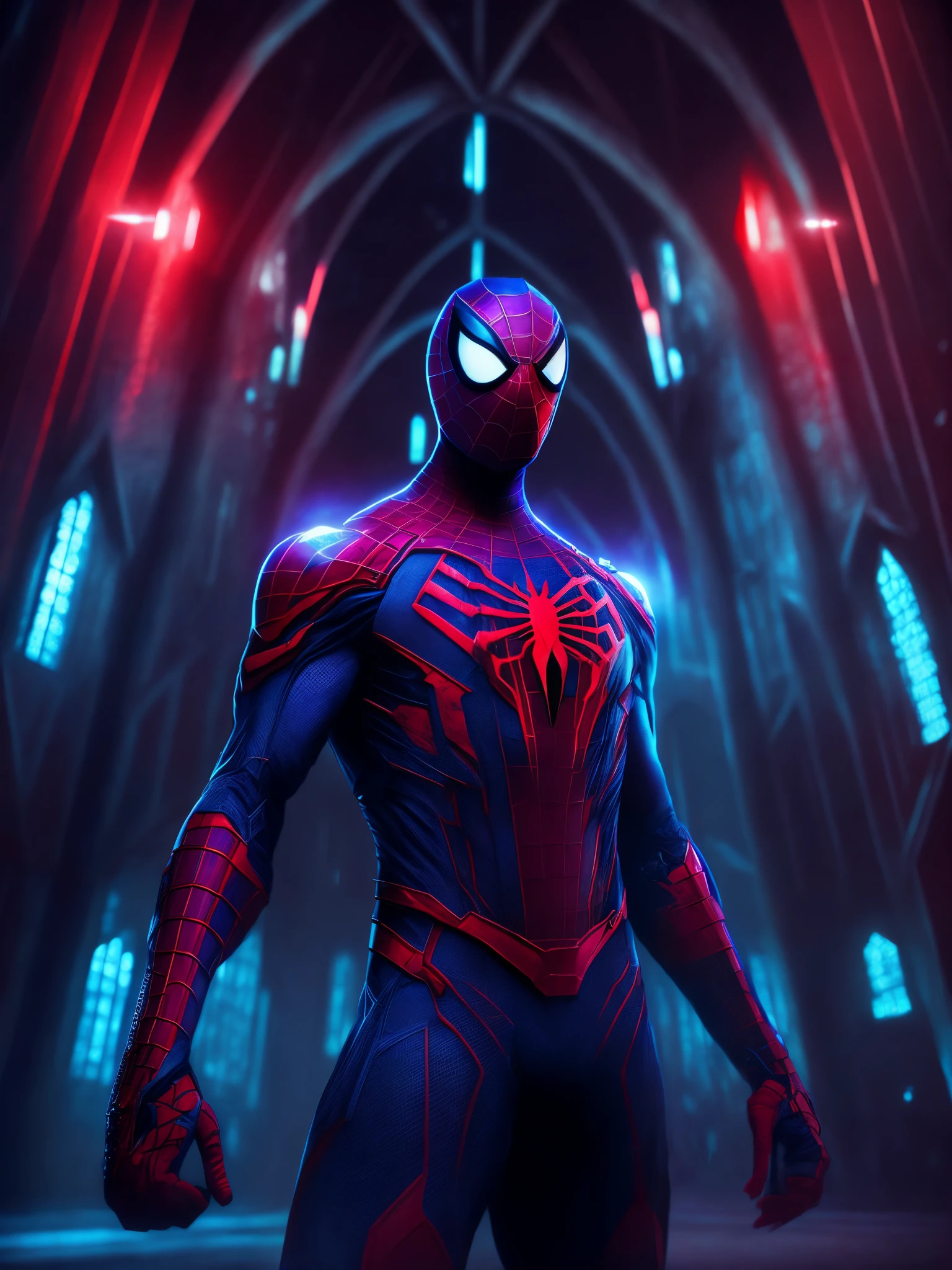 Grim portrait of Marvel's Bloody Spider-Man with intricate angular cybernetic implants inside a brutalist building., brutalist gothic cathedral, ciberpunk, foto premiada, bokeh, neon lights, cybernetic limb