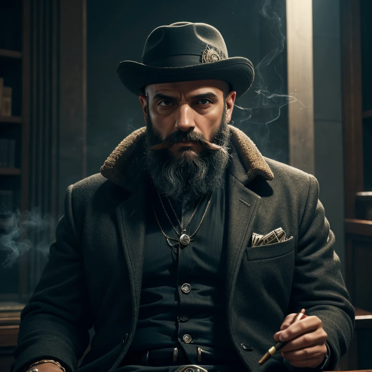 melhor qualidade, high resolution, ultra-detalhado, realista, investigador RPG, Design de personagem, Homem de 37 anos, barba por fazer, uma marca de queimadura no lado direito do rosto, fumando um cigarro, wearing a coat and a hat, com cabelos loiros , using paranormal order dash rpg