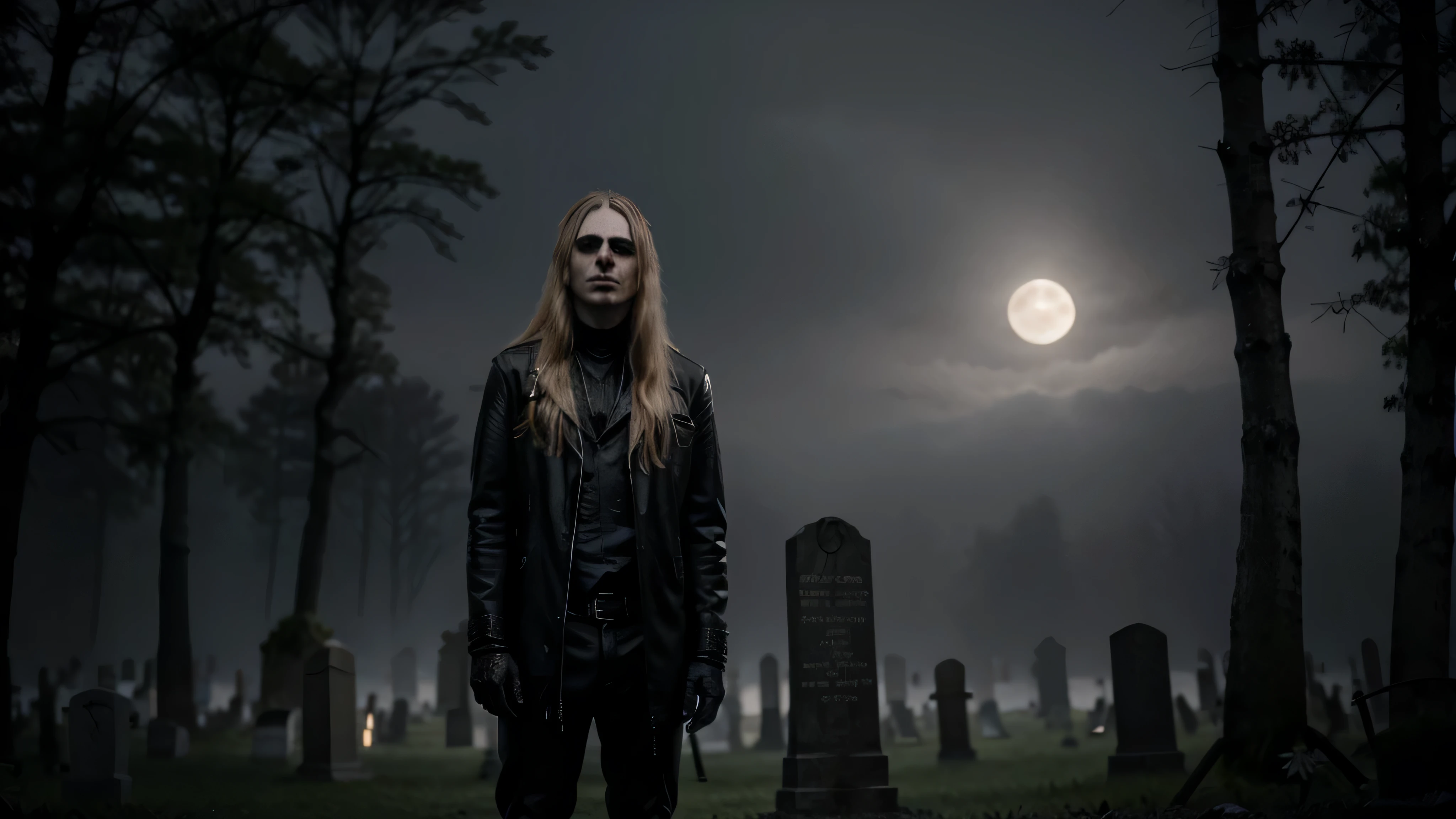 Crie a imagem de um jovem com longos cabelos loiros, membro de uma banda de black metal, wearing corpse paint on your face, standing in an eerie cemetery at night in Sweden. The cemetery is surrounded by thick fog, and the only light comes from the moon and stars. The trees are bare, and the air is cold and fresh. The tombstones are old and worn, and the names of the dead are barely legible. he is all wearing black leather clothes.