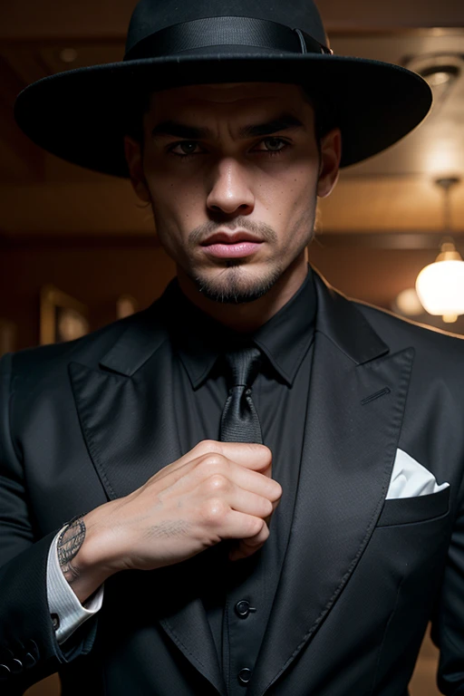 Huge man, gangster, black hat with brim in the style of the 30s, strict black suit, in an old bar, threatens , eye contact, looks at the viewer, masterpiece, best quality, perfect detail, perfect face detail, perfect eye detail, perfect detail skin, depth of field, ideal lighting