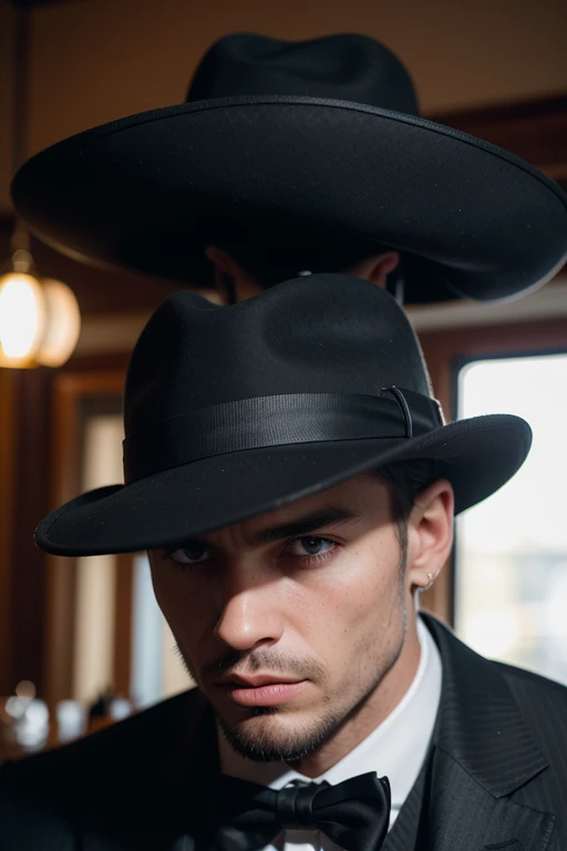 Huge man, gangster, black hat with brim in the style of the 30s, strict black suit, in an old bar, threatens , eye contact, looks at the viewer, masterpiece, best quality, perfect detail, perfect face detail, perfect eye detail, perfect detail  skin, depth of field, ideal lighting