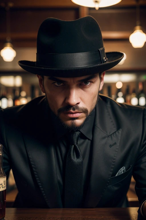 Huge man, gangster, black hat with brim in the style of the 30s, strict black suit, in an old bar, threatens , eye contact, looks at the viewer, masterpiece, best quality, perfect detail, perfect face detail, perfect eye detail, perfect detail skin, depth of field, ideal lighting
