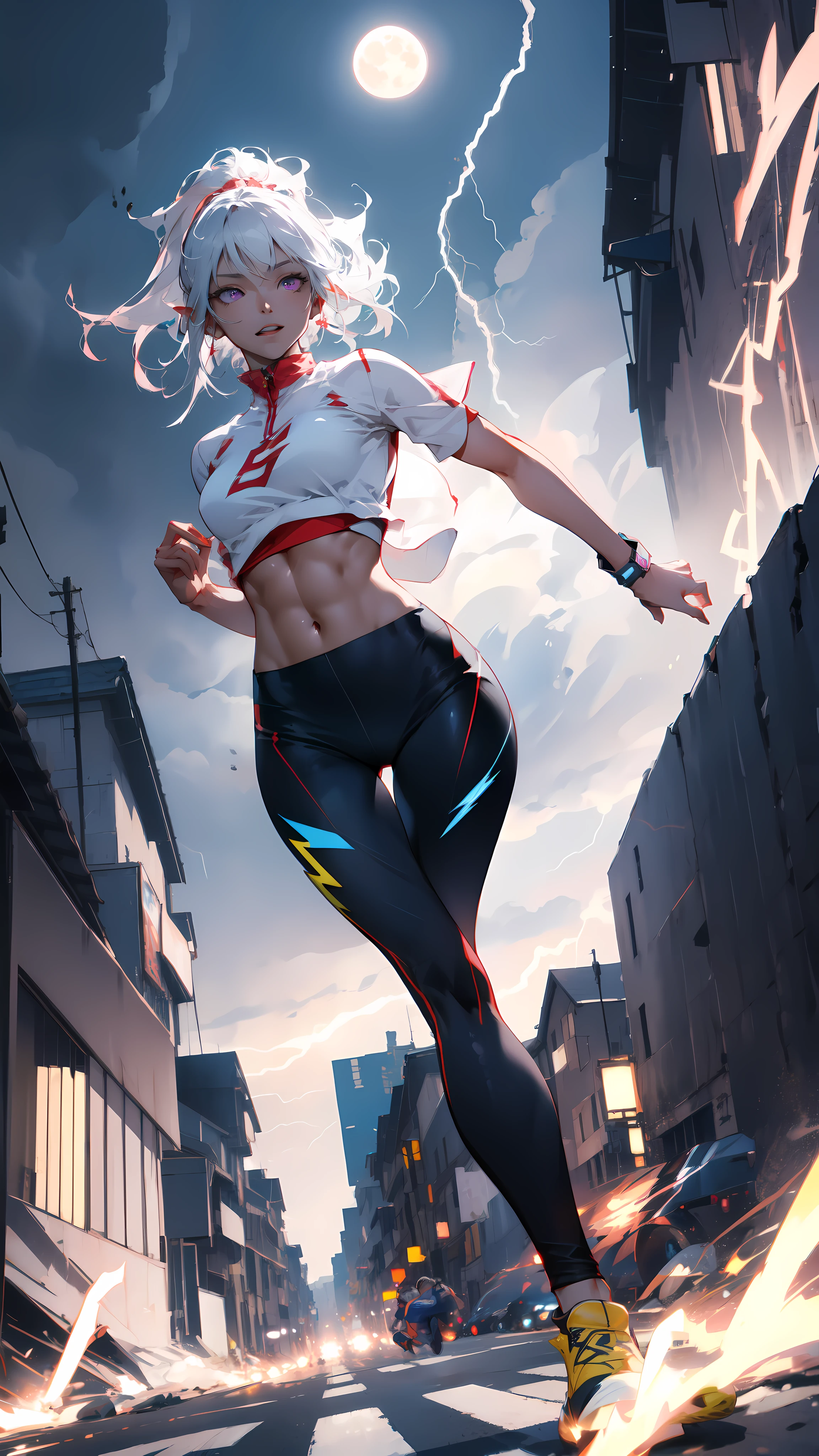 ((masterpiece)), (top quality), (best quality), ((ultra-detailed, 8k quality)), Aesthetics, Cinematic lighting, (detailed line art), absurdres, (best composition), (high-resolution), (Ray tracing), 
BREAK,
A very cute of ((dark elf girl)), (White and lemon yellow lined Jersey), sports leggings, sneakers, she ((sprints)), ((running)), lighting, light trails, (motion blur), lightning motif, lightning, a burst of electricity, she sprints, super speed, speed that leaves an afterimage, sprinter, speedster, ((low-angle shot following she' movements)), ((atmospheric perspective )), cinematic dramatic atmosphere, big city roads, ((City of night)), ((night)), (full moon: 1.2),  
BREAK,
highly detailed of (dark elf), (1girl), solo, perfect face, details eye, ahoge, French braids, long sideburns, ponytail, (white shining hair), (hime cut bangs), medium hair, (violet eyes), shining eyes, (beautiful detailed eyelashes, eyeshadow, pink eyeshadow), grin and laugh, Concept art by Mikimoto Haruhiko, by Kawacy, By Yoshitaka Amano,
BREAK, 
((perfect anatomy)), perfect body, Abs, (medium breast), perfect hands, perfect face, beautiful face, beautiful eyes, perfect eyes, (perfect fingers, deatailed fingers), correct anatomy, perfect legs, ((dark skin:1.2))