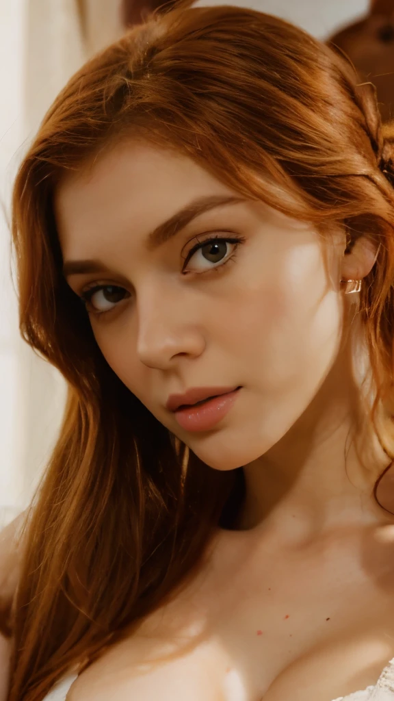 Hot ginger women with teddybear. Her ginger hair in two ponytails. Brown big eyes. Sexy. HD. Realism. Detailed.