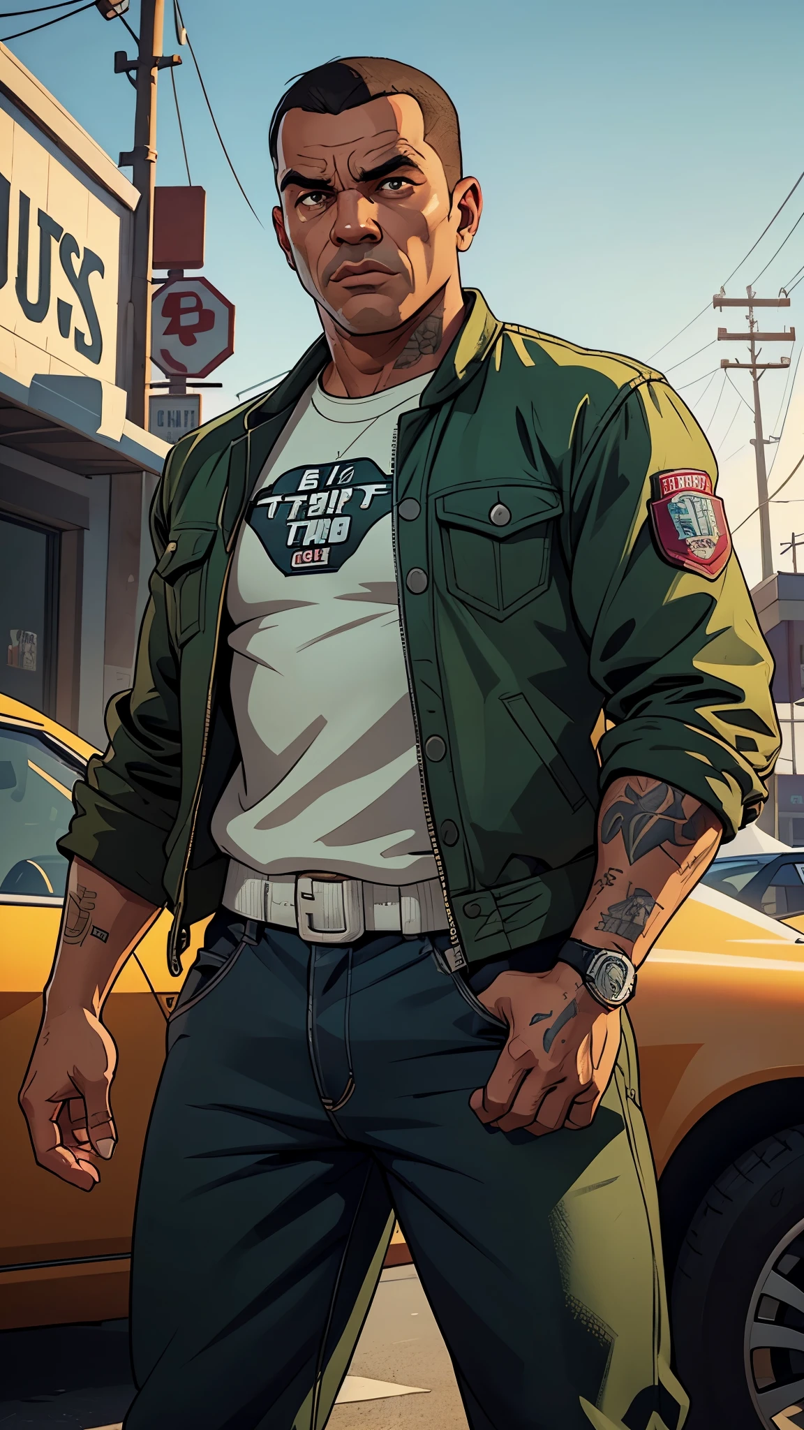 create a gta 5 loading screen artwork of Ma Payne as if he was the main character of GTA V. take reference from all GTA artwork. Make it detailed and dramatic with studio lighting. Take reference from Max Oayne series artwork