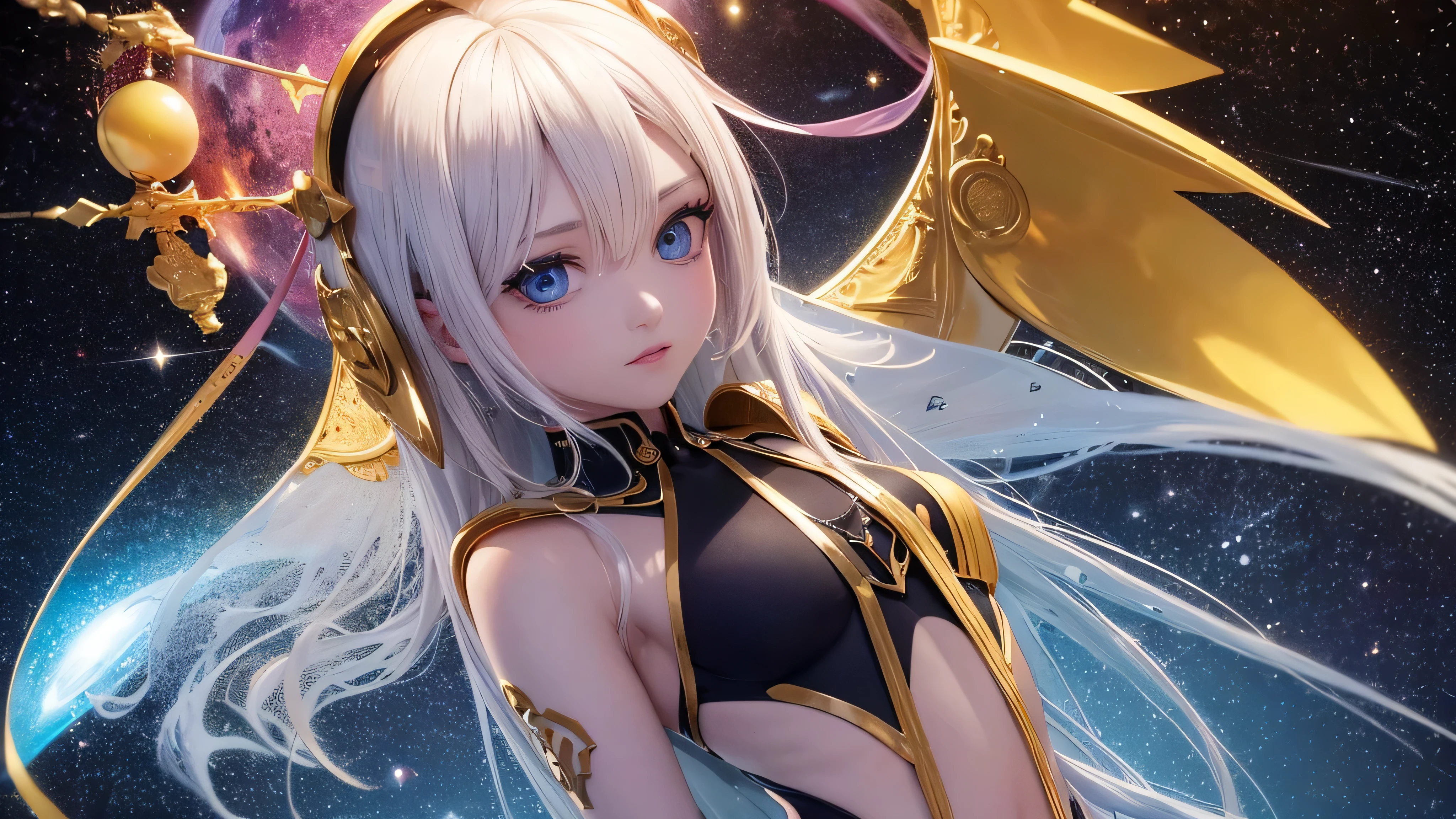 realista, 4k, Um anjo com grandes asas, Uma espada, a hood over your head in war (CAOS) space girl background image, spacesuit, space, obra de arte, melhor qualidade, technological, alta tecnologia, Intricado , detalhado, absurdo, 1 mulher, Lindo, rosto perfeito, detalhes extremos, (obra de arte), (melhor qualidade), face, olhando para o espectador, os olhos arregalados, espanto, susto, surpresa, space, Lindo, poeira estelar, cosmic , papel de parede, cinematographic, Composition, colorida, olhos perfeitos, 32K, in Dimensions 1080 x 1920, very Lindo mouth, pele verdadeira, olhos azuis, Cru, sensual, Magia, Dimensions, poeira estelar, futurista
