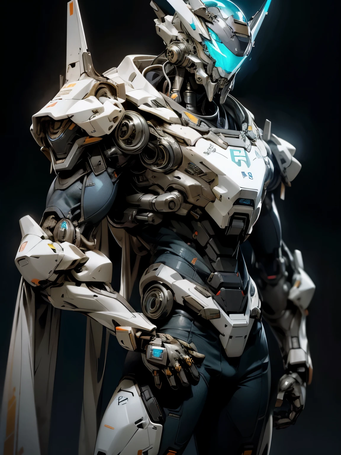 Blue Armor, White helmet, Cyberpunk, Futuristic, Male Exo Suit, Sleek Mech Suit, Black background, character standing in the middle of the screen, no blur, no glow, plain picture, Ultra high resolution, 8k, Studio lighting