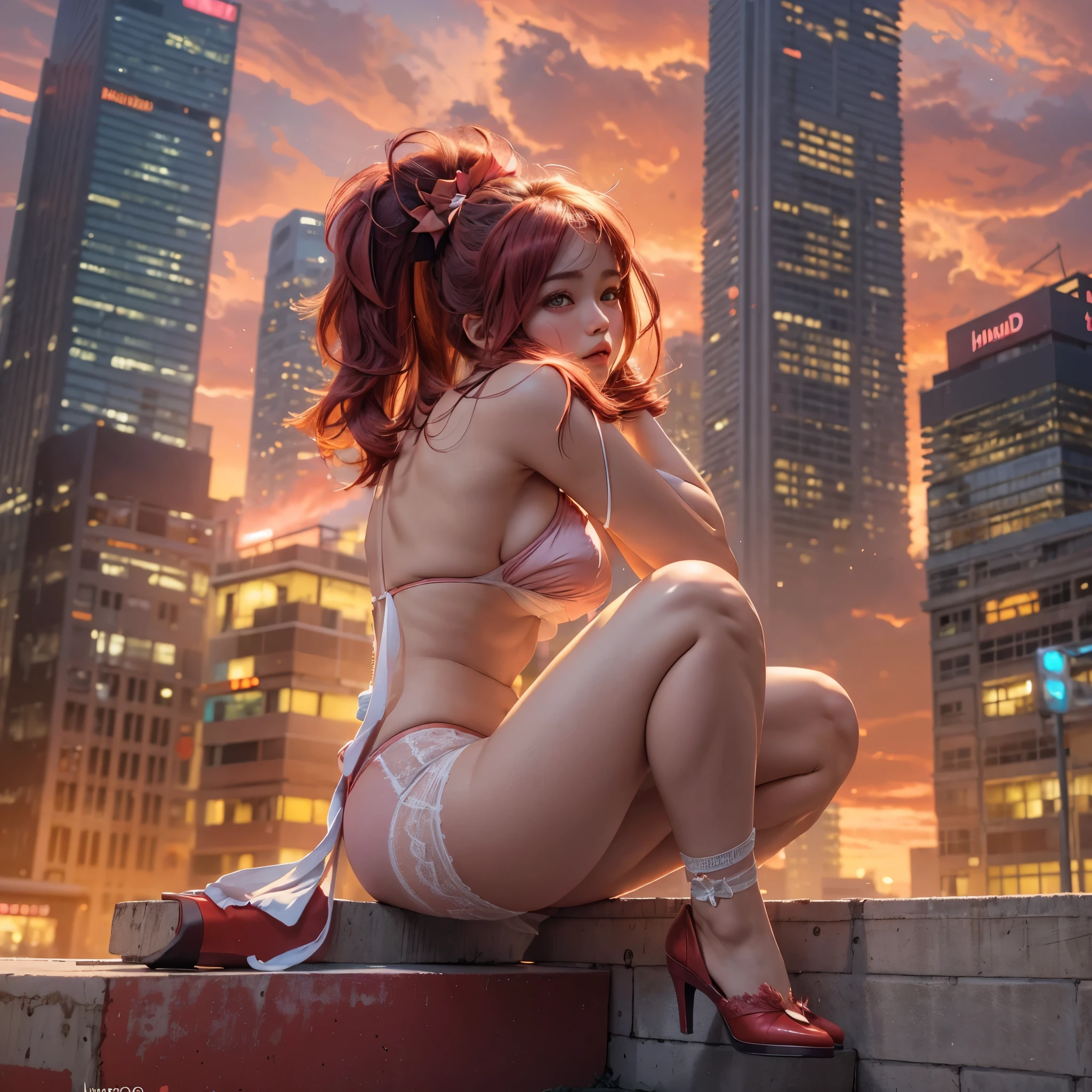 ((NSFW:-0.95)), (((nipple:-0.9))), ((Acutance:0.85)), (from below) . A (KAWAII girl:1.2) is quarter squatting in the city, with white lingerie and Red highheels. The background is the downtown area at (Twilight:1.4), (((Red-dyed clouds above hed:1.2))), { Skyscrapers Shining in the setting sun | (many colorful Lights:1.2) | (lens flare) | Burning | heyz | luminous Particles | Mystic sight } . (Masterpiece:1.2) of professional Analog photo with Hasselblad open aperture, (((realistic and photorealistic with touch of rawness:1.37))), physically-based 3D rendering with ultra-detailed. { This character has Overflowing Gigantic Cleavage and (visible sideboob and underboob:1.2) | Oiled ivory skin | Detailed open crotch | A Number of girls watching her } .