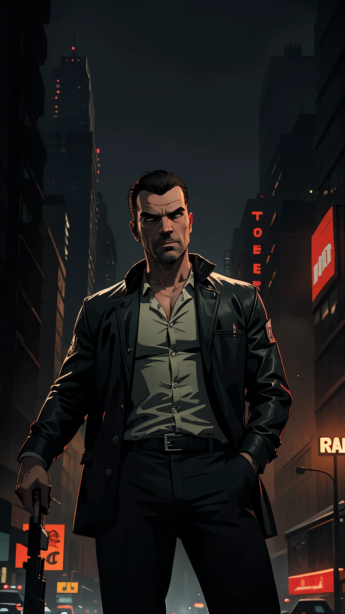 create a gta 5 loading screen artwork of Max Payne from Max Payne 1. Take reference from all GTA artwork. Make it detailed and dramatic with studio lighting. Take reference from Max Payne series artwork. Setting is New York City wintertime. The mood is noir and dramatically melancholic. 