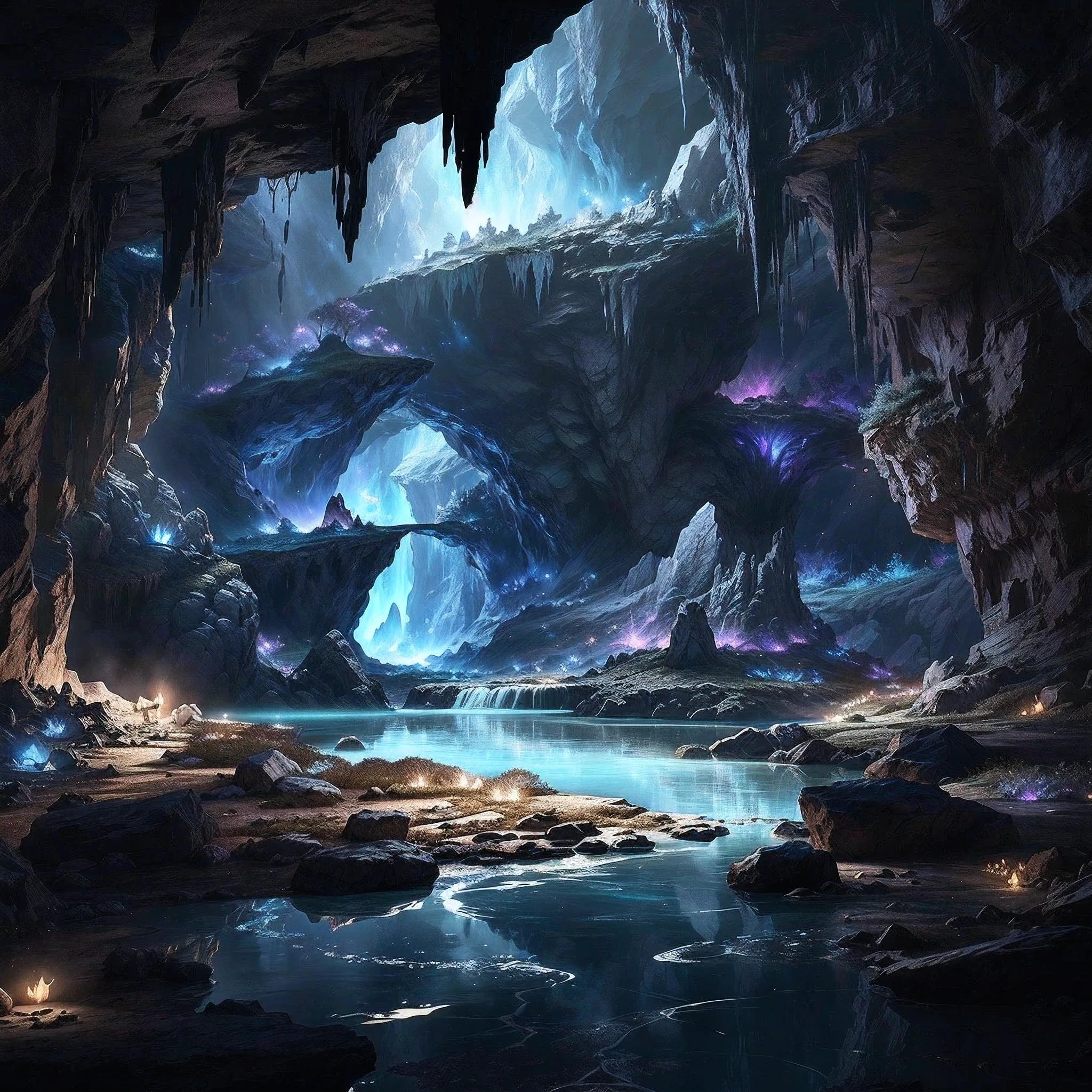 there is a cave with a waterfall and a waterfall in it, beautiful fantasy cave scene, magical cave, mythical gigantic space cavern, 4k fantasy art, detailed 4k concept art, unreal engine fantasy art, 8k fantasy art, 4k highly detailed digital art, impressive fantasy landscape, dark fantasy environment, 8 k high detail concept art, epic dreamlike fantasy landscape