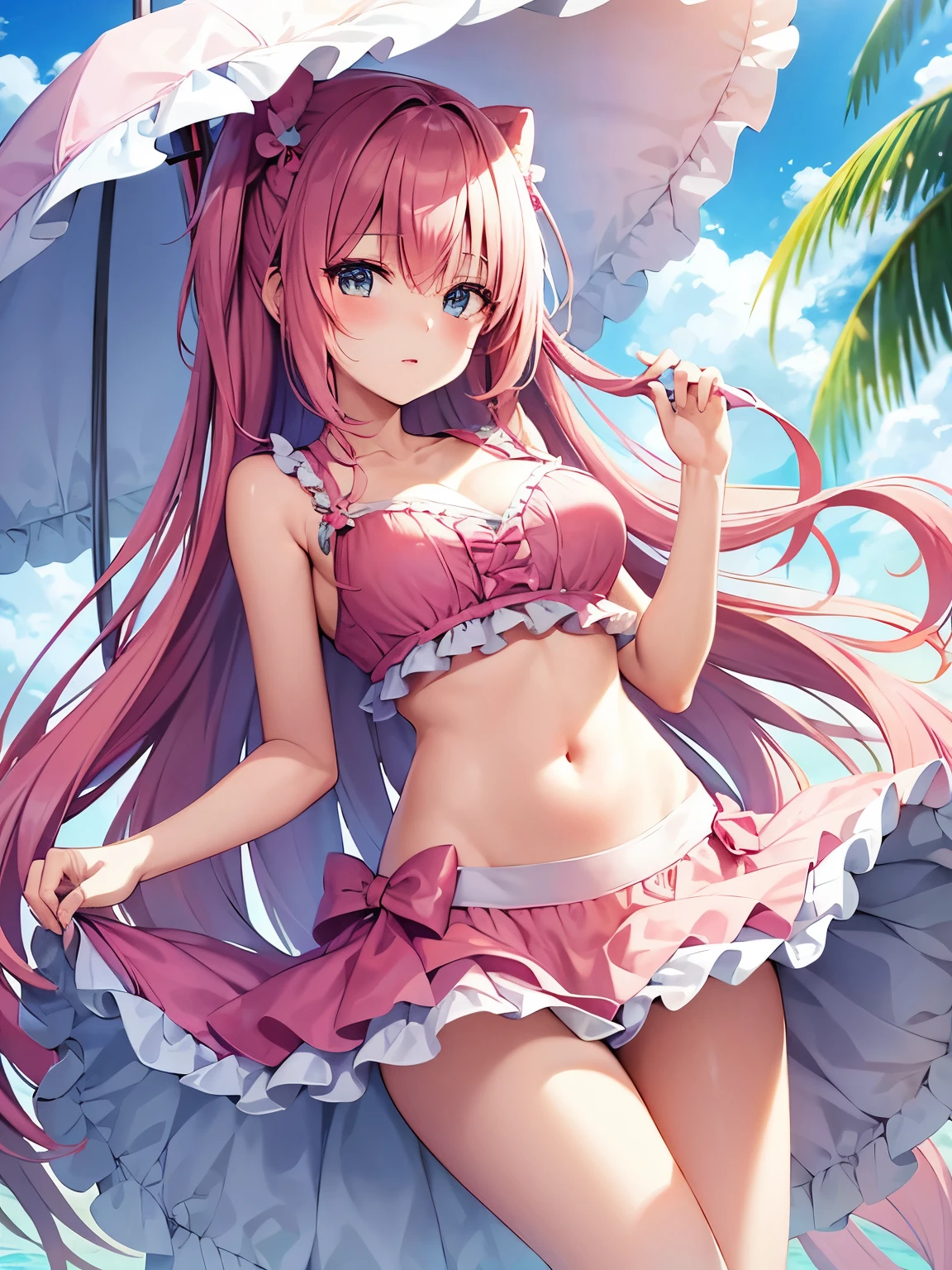Visualize an anime girl with cotton-candy-pink hair styled in voluminous ringlets, capturing the essence of a sweet ta aesthetic. Her bikini, a pastel dream, features layers of lace, bows, and ruffles in soft shades of pink, blue, and lavender. Posing in a whimsical pastel wonderland, she stands on a carousel platform adorned with oversized bows. The bikini has delicate lace details and ribbon bows, and her expression is one of innocent delight, embodying the charm of a pastel wonderland Loliuse.