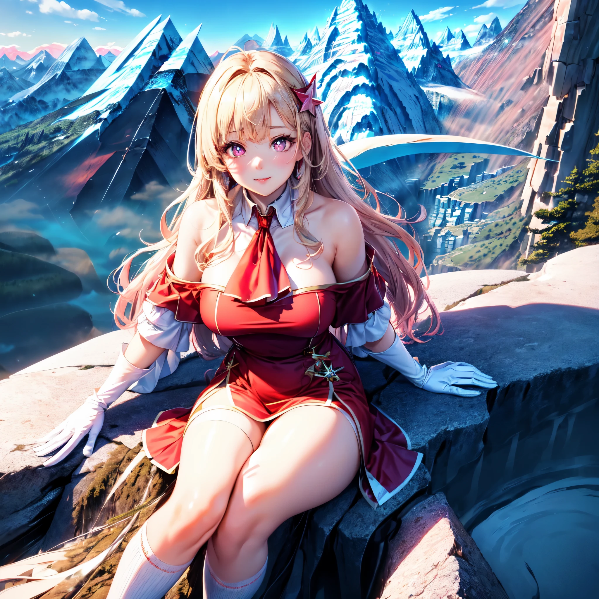 official art, masterpiece, sharp focueautiful gorgeous cute Korean woman:1.3), (beautiful cute korean:1.3), (beautiful and aesthetic:1.4), korean beauty, Delicate and beautiful hair and eyes and face, realistic, ultra detailed, beautiful girl, blue sky, glow white particle, (sidelighting:1.2), sun light, white cloud, detailed clouds, slender, Lovely very large breasts and very large hips,showing pink slip and lovely lips, (((shy and aroused, pink Star-shaped pupils, pink eyes)), (((Cuteness:1.7)), scenery, long straight hair, sexy facial expression, build (Mountainscape:1.7), dynamic hair, blonde long straight hair, detailed hair, streaked hair, glow pink eyes, sitting elegant near rivers (shoulder strap+red Ascot dress+off shoulder blouse), white long socks, pale skin, epic scenery, hair ornament, Princess white gloves, appealing
