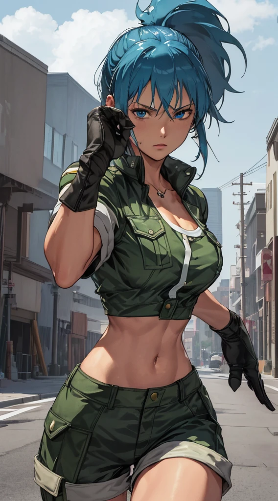 masterpiece,, best quality, highres, 1girl, leona heidern, blue hair, blue eyes, ponytail, green shorts, midriff, crop top, black gloves, breasts, military uniform, green jacket, earrings, jewelry, navel, large breasts, cowboy shot,